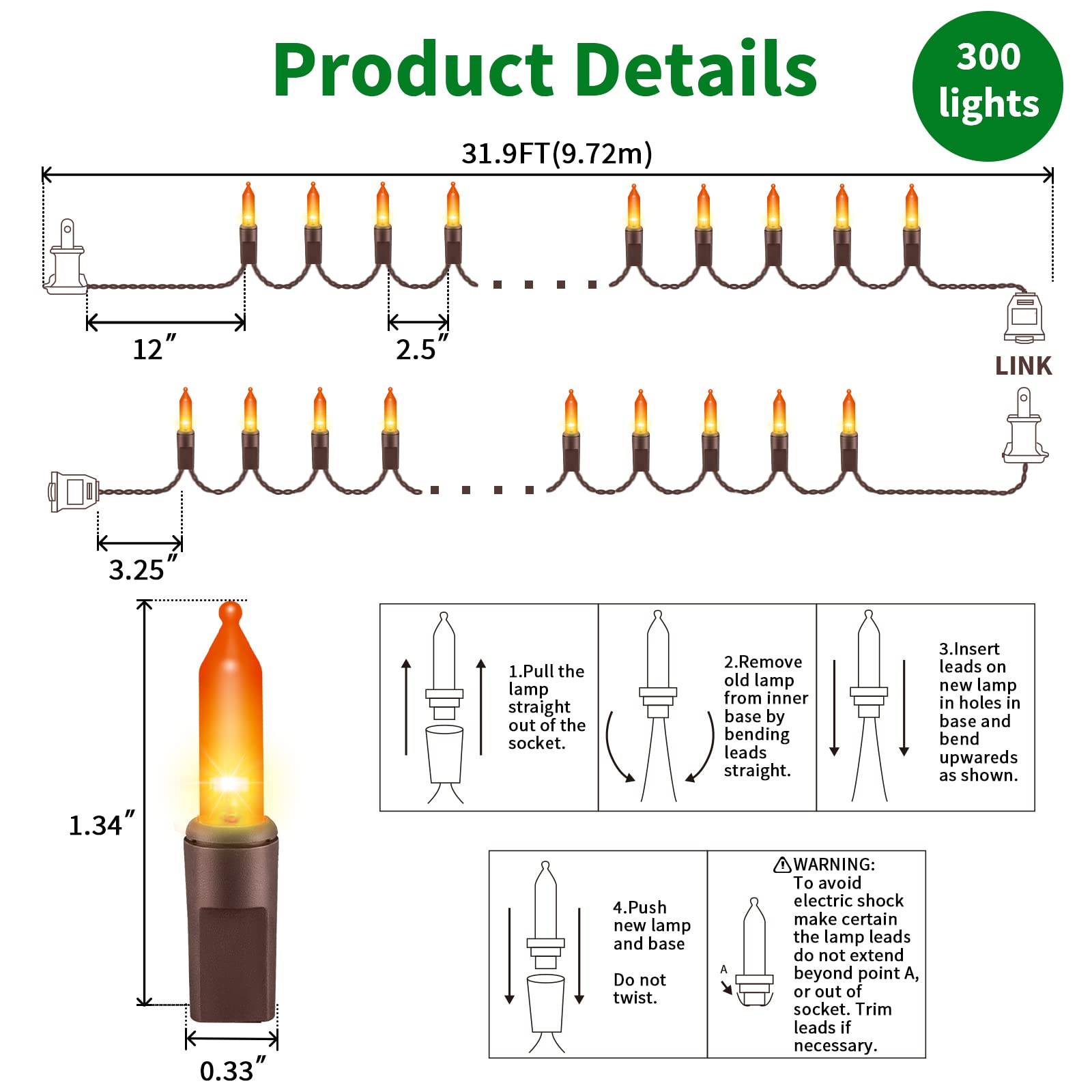 Lamphome Super-Bright Extendable Orange Christmas Lights Decoration 300Lights 63.8Ft(2Pk Of 150L) Ul Certified Mini Bulb String Light Set For Outdoor Halloween Home Christmas Tree Garden Holiday Decor