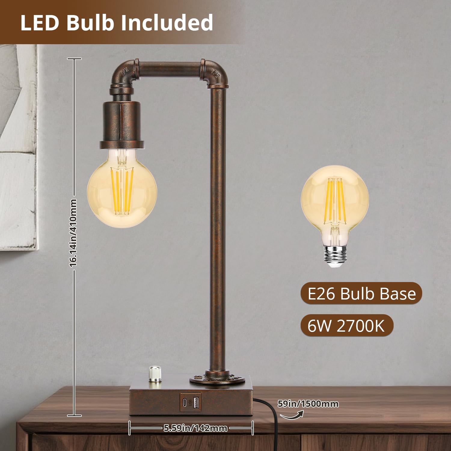 Seaside Village Industrial Table Lamp, Fully Dimmable, Antique Bronze, Metal, 5.59in x 5.59in x 16.14in, Includes 6W LED Bul