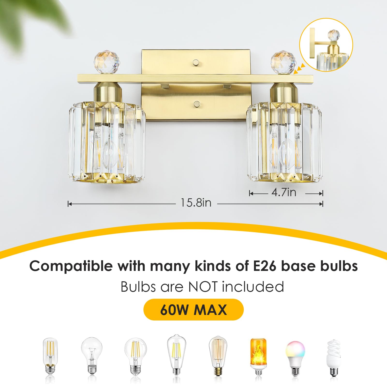 KunruiTAI 2-Light Wall Sconce, Brushed Gold Bathroom Vanity Light, K9 Crystal Shade, Modern Design for Mirror, Bedroom, Living Room