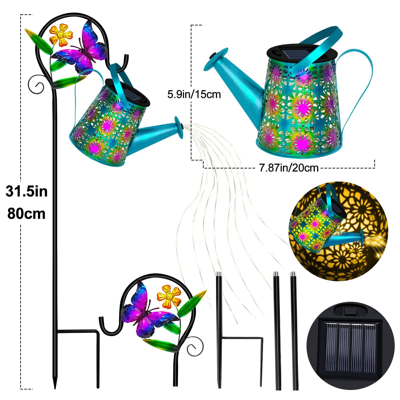 Ostritec Solar Watering Can with Lights, Waterproof Metal Lantern, Blue Butterfly, Model: shuihuden-futi, Unique Garden Gifts for Women