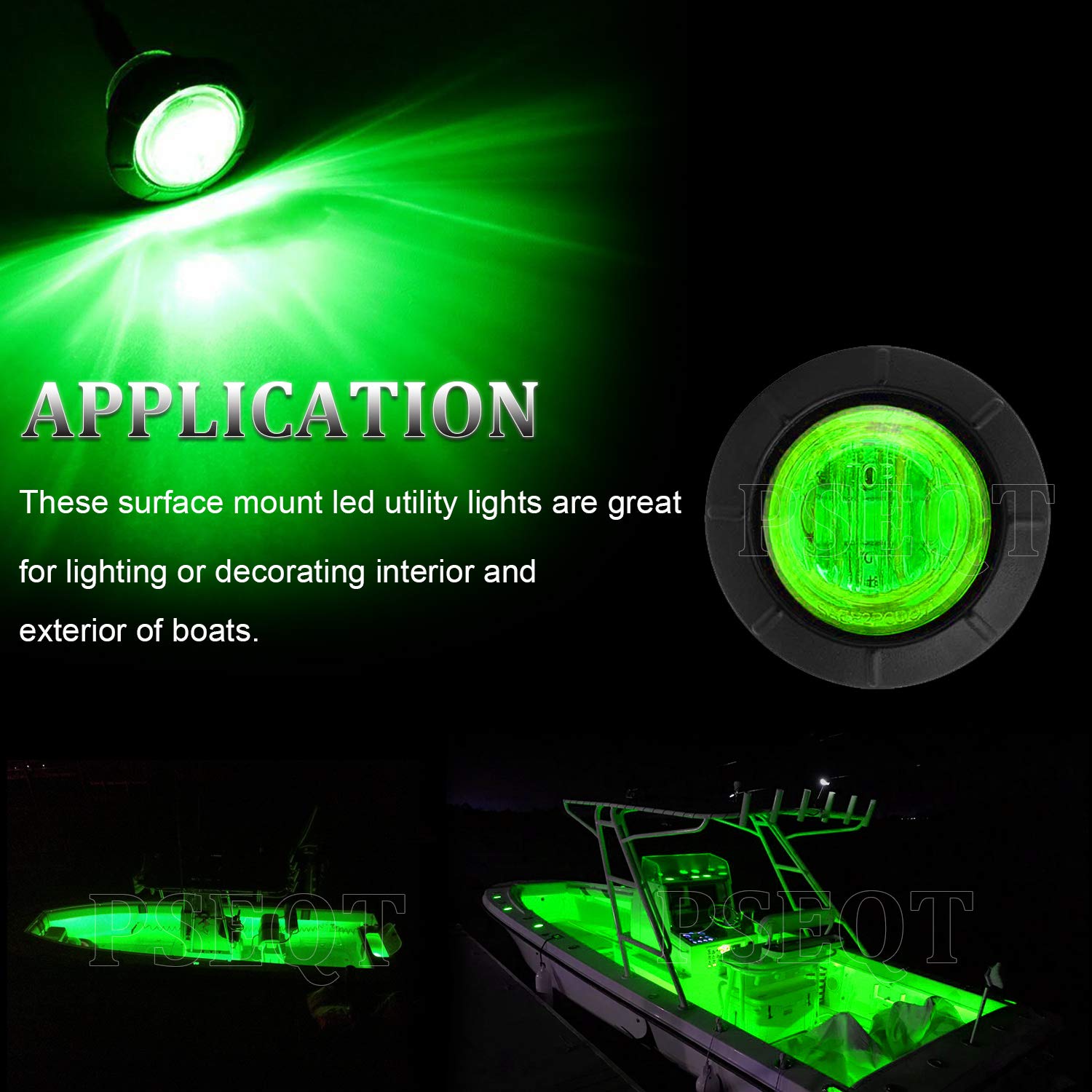PSEQT LED Round Boat Interior Deck Light, Waterproof, 1in  x 1in  x 0.83in , Green, Model PSEQTXA005G, 10 Pcs