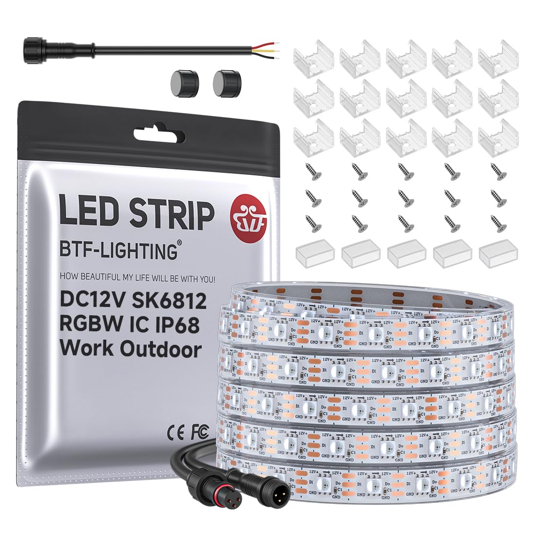 Btf-Lighting Sk6812(Similar Ws2812B) Rgbw Rgb+Cool White(6000K) Individually Addressable Dc12V 16.4Ft 60Led/M 4 Colors In 1 Light Dream Color Led Strip Ip68 White Pcb(No Adapter Or Controller)