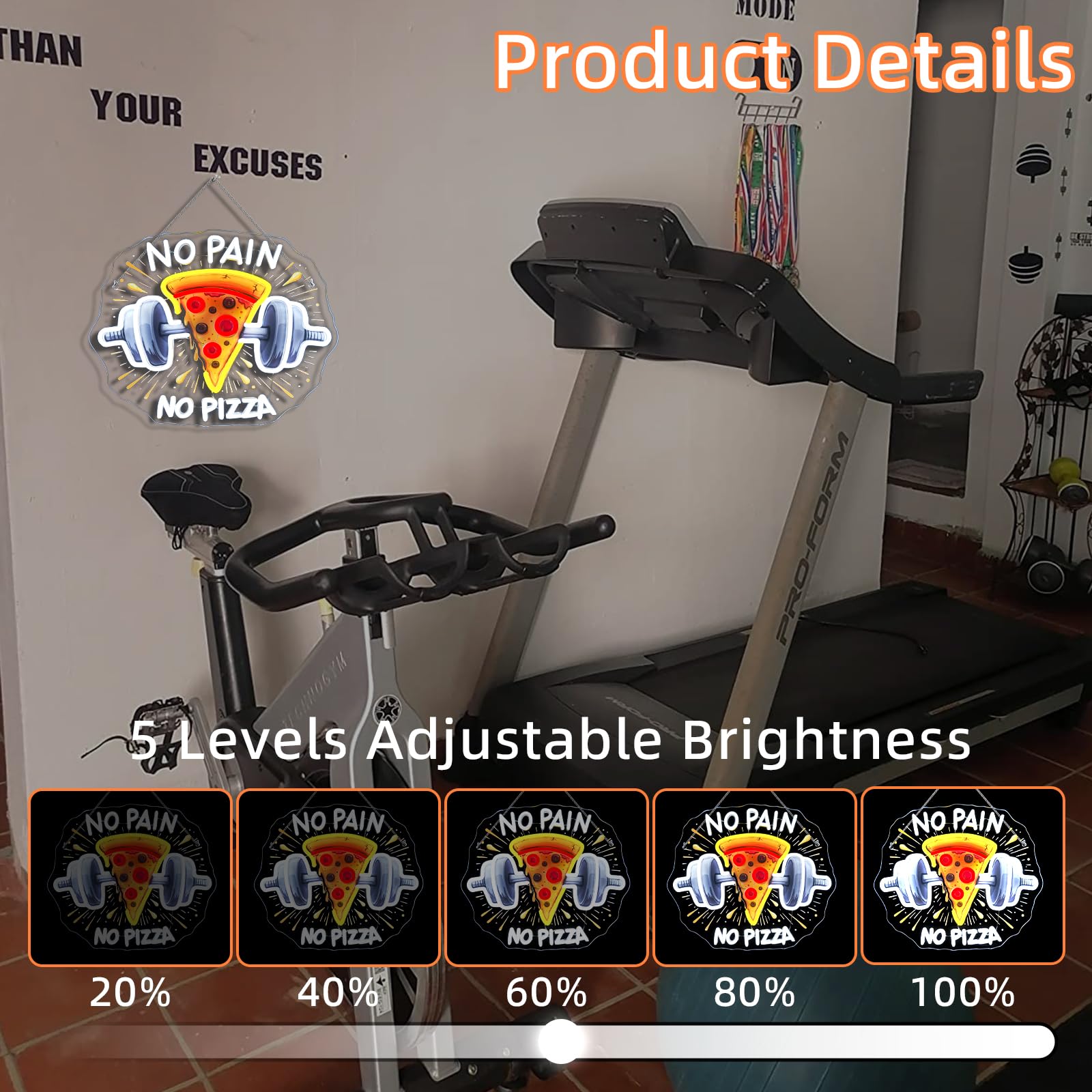Lucunstar Gym Neon Sign No discomfort-reducing No Pizza Uv Printed Light Signs For Wall Decor Dimmable Dumbbell Barbell Led Lights Decoration Fitness Club Gift For Teens Sports Room Usb Powered 14.57 X 12.6 Inches