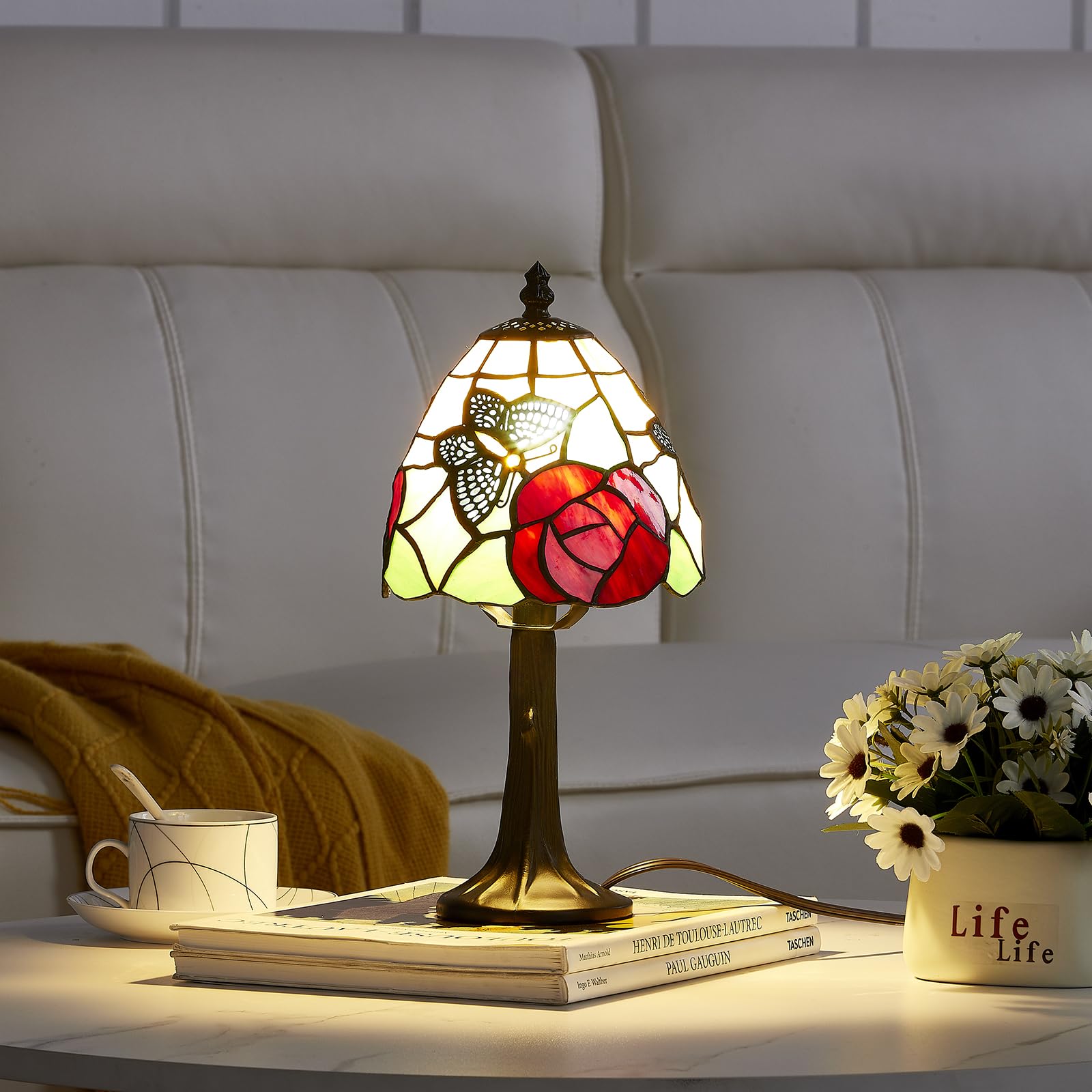 GlitzLamp Butterfly Tiffany Style Stained Glass Table Lamp with 6-inch Wide Complicated Design Lampshade Resin Base for Living R
