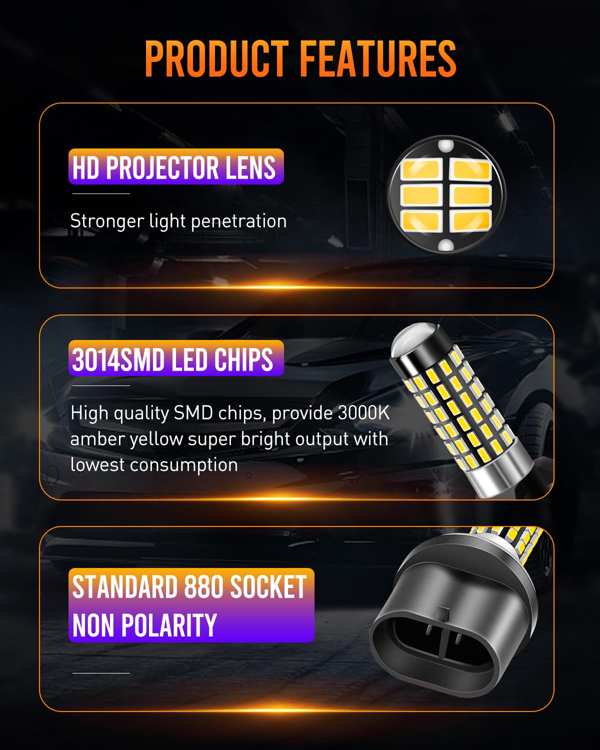 Luyed 880 Led Fog Light Bulb 3000K Amber Yellow 300% Super Brighter 1:1 Mini Size 886 890 892 893 Led Bulb With Projector For Fo
