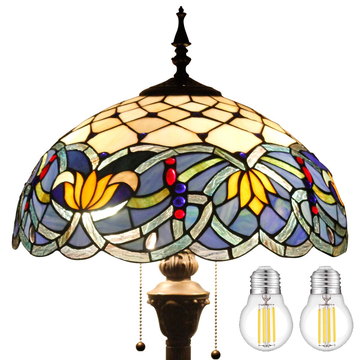WERFACTORY Tiffany Floor Lamp Blue Lotus Stained Glass Flower Standing Reading Light 16X16X64 Inches Antique Pole Corner Lamp De