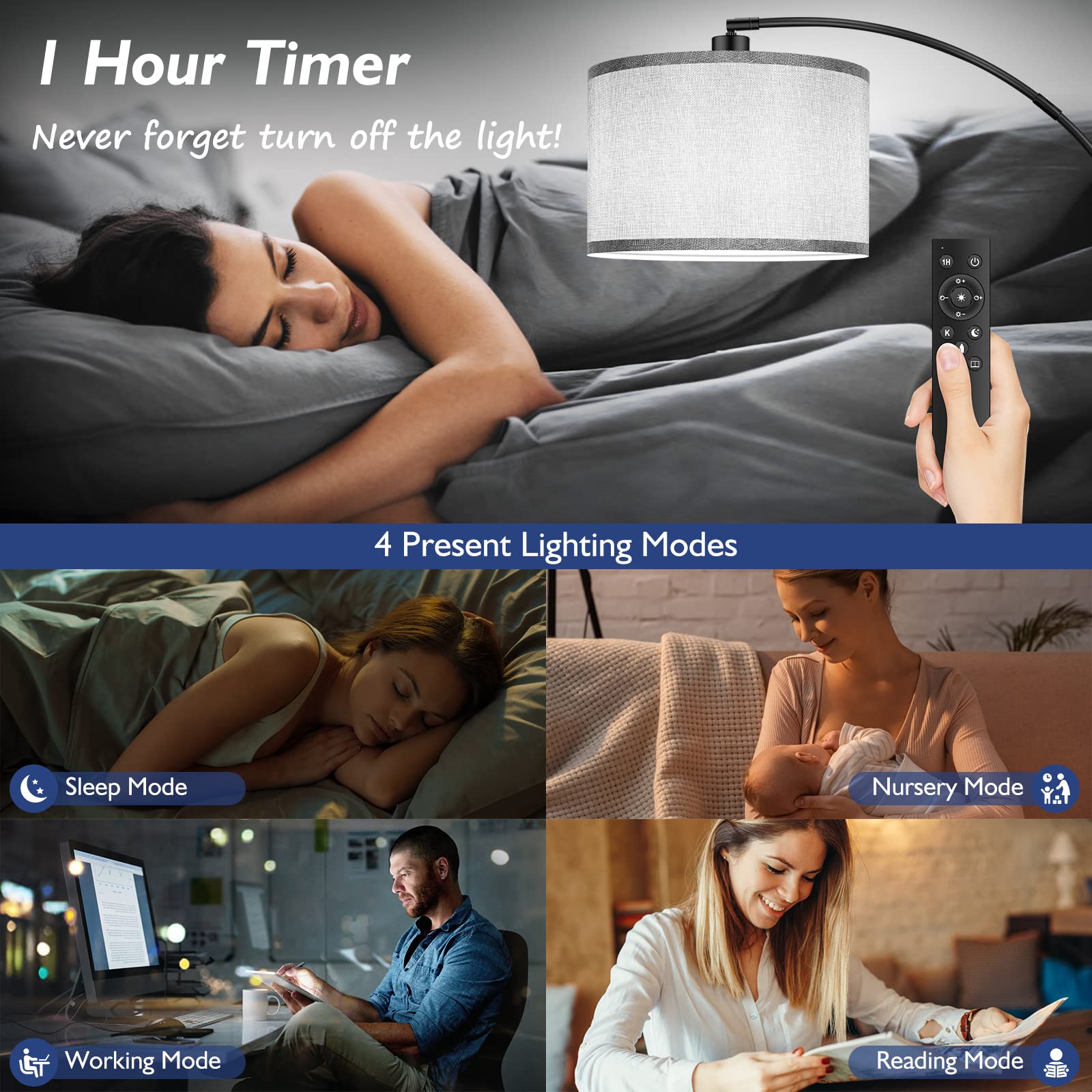 Arc Floor Lamps For Living Room, Modern Remote Control Standing Lamp With Stepless Dimmable, Black Tall Lamp With Gary Drum Shad