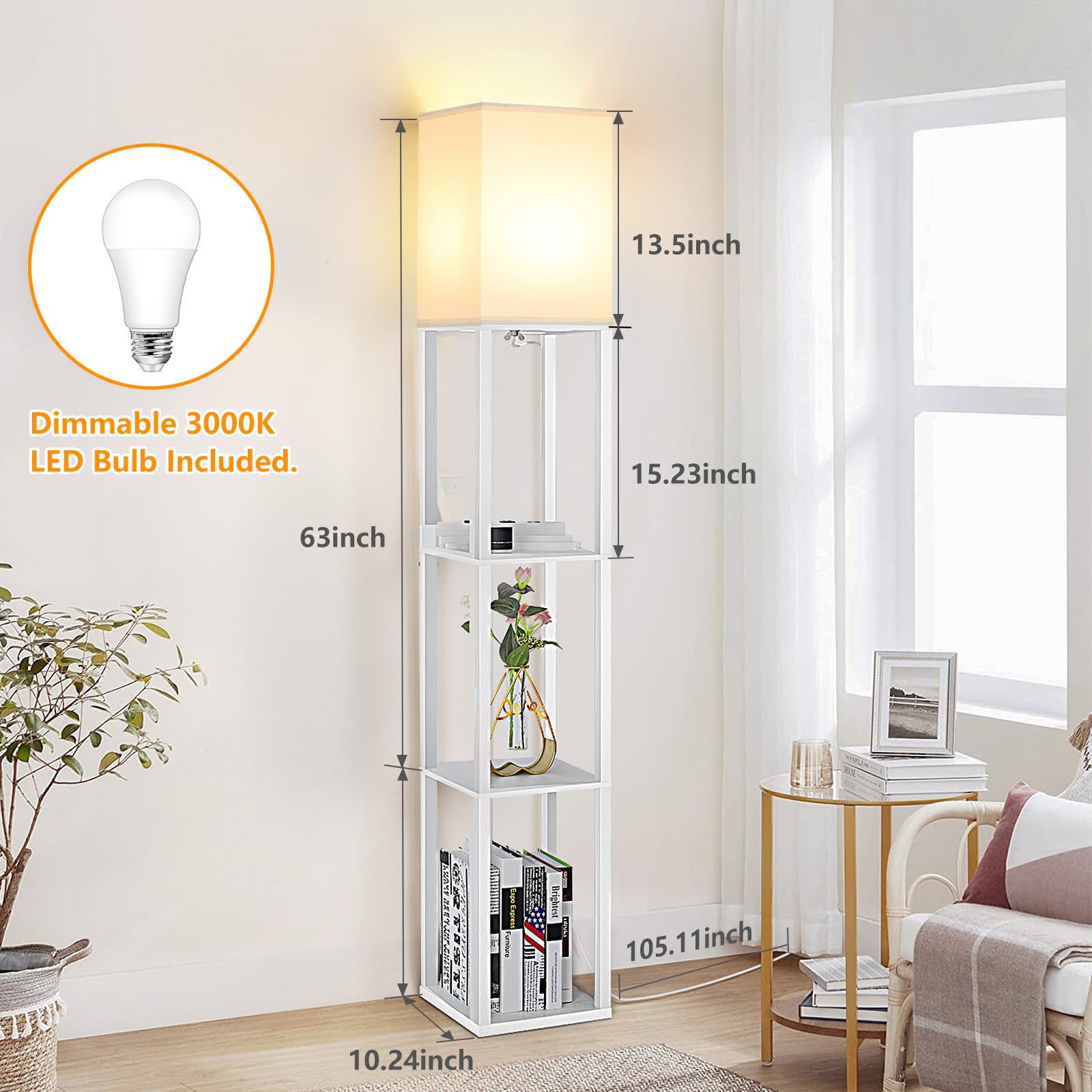 Folksmate Touch Control Shelf Floor Lamp, Modern Dimmable Led Standing Lamps With Shelves, 2 Fast Charging Usb Ports And Power Outlet, Wood Skinny Tall Light For Living Room, Bedroom, Bedside,White
