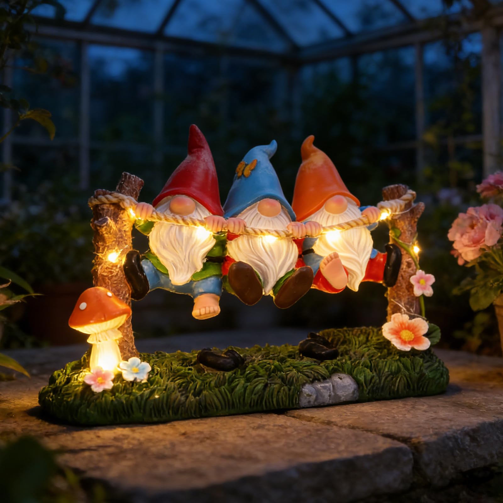 Ovewios Garden Gnome Statue, Solar Swing Gnomes Figurine with Flowers and Mushrooms, Waterproof Resin Outdoor Decor for Patio La
