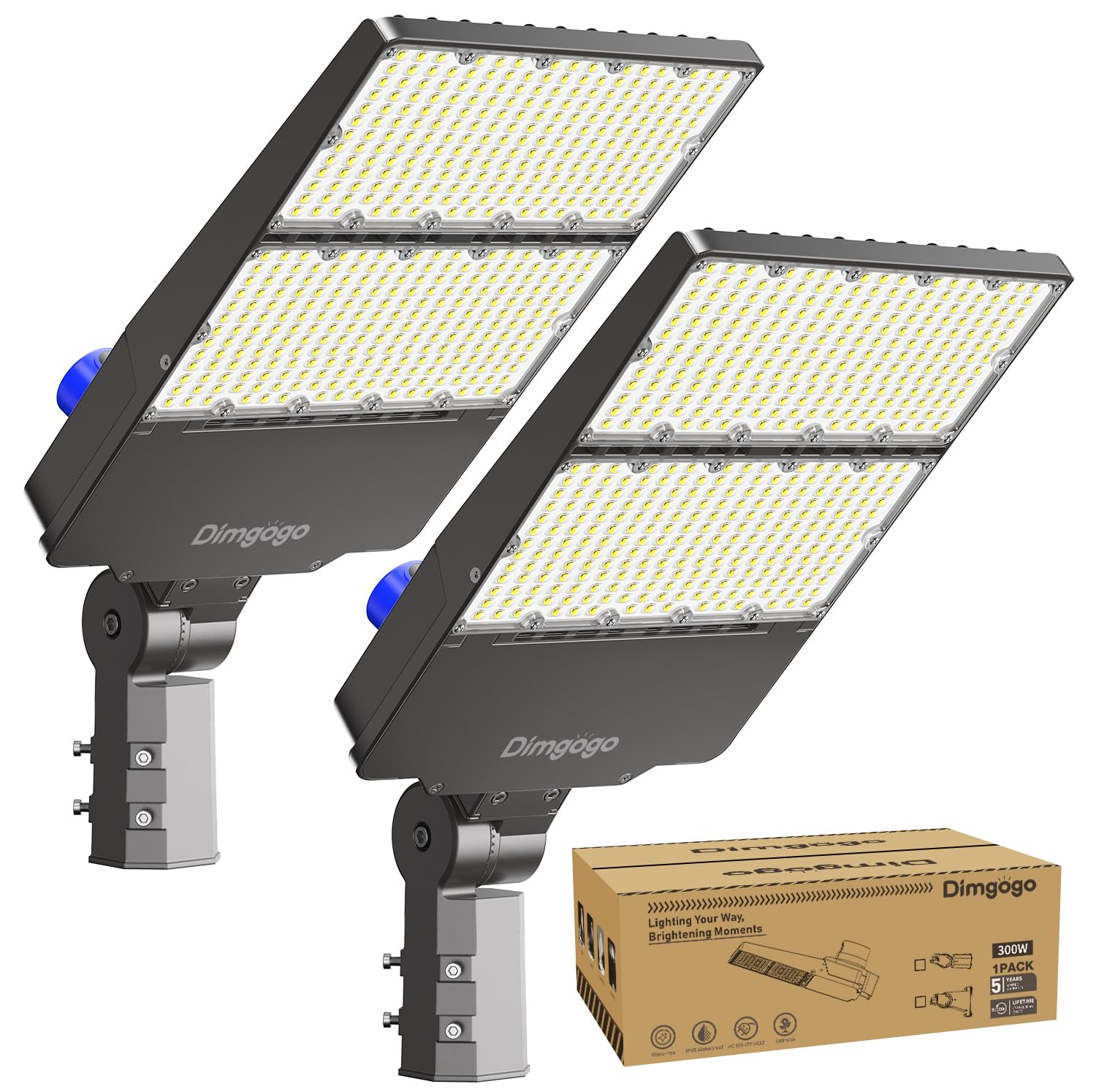 Dimgogo LED Parking Lot Light 300W, 45000LM, 6500K, Dusk to Dawn, Adjustable Slip Fitter Mount, IP66 Waterproof, 2 Packs
