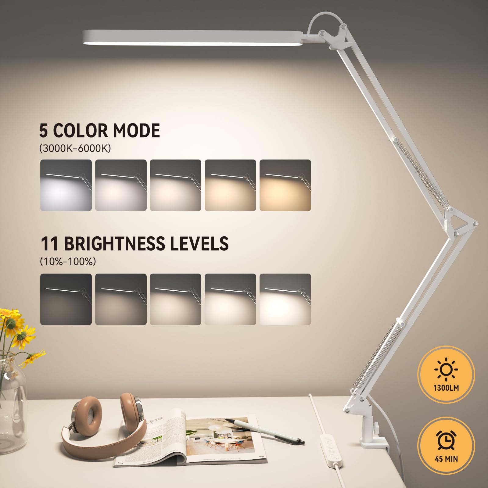 Skyleo Led Desk Lamp - 31.5'' Desk Light - 5 Color Modes X 11 Brightness Levels - Adjustable Swing Arm - Timmer & Memory Functio