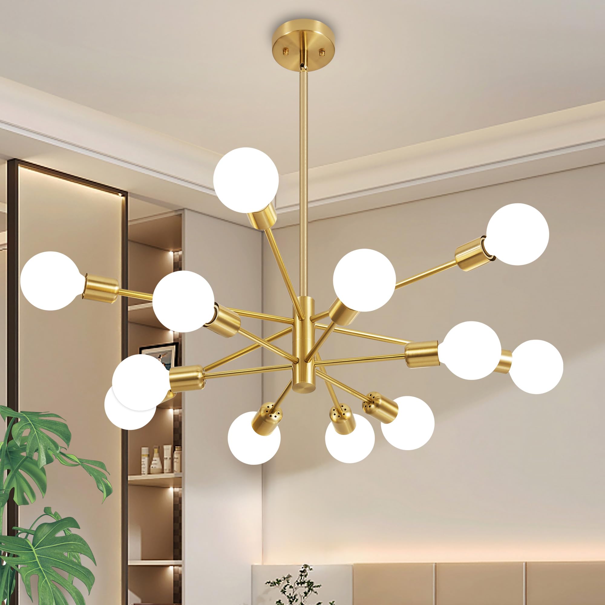Deyidn Modern Chandelier Gold Chandeliers 12-Light Mid Century Sputnik Ceiling Lighting Fixture For Living Room, Kitchen, Bedroo