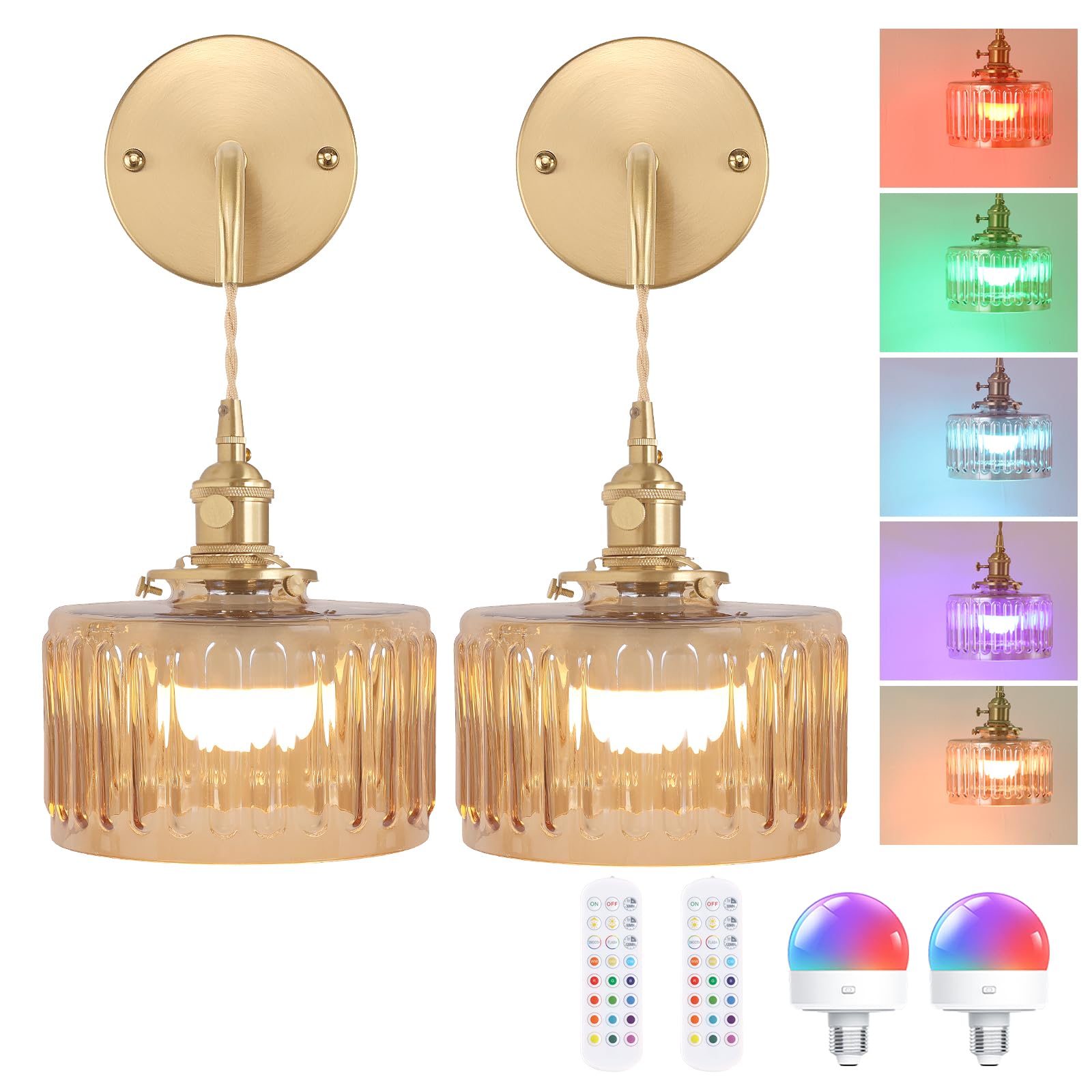 Shenmoyl Battery Operated Wall Sconce, Amber Striped Glass, Adjustable Chain, Modern Decor, Set of 2, Model 1-9381