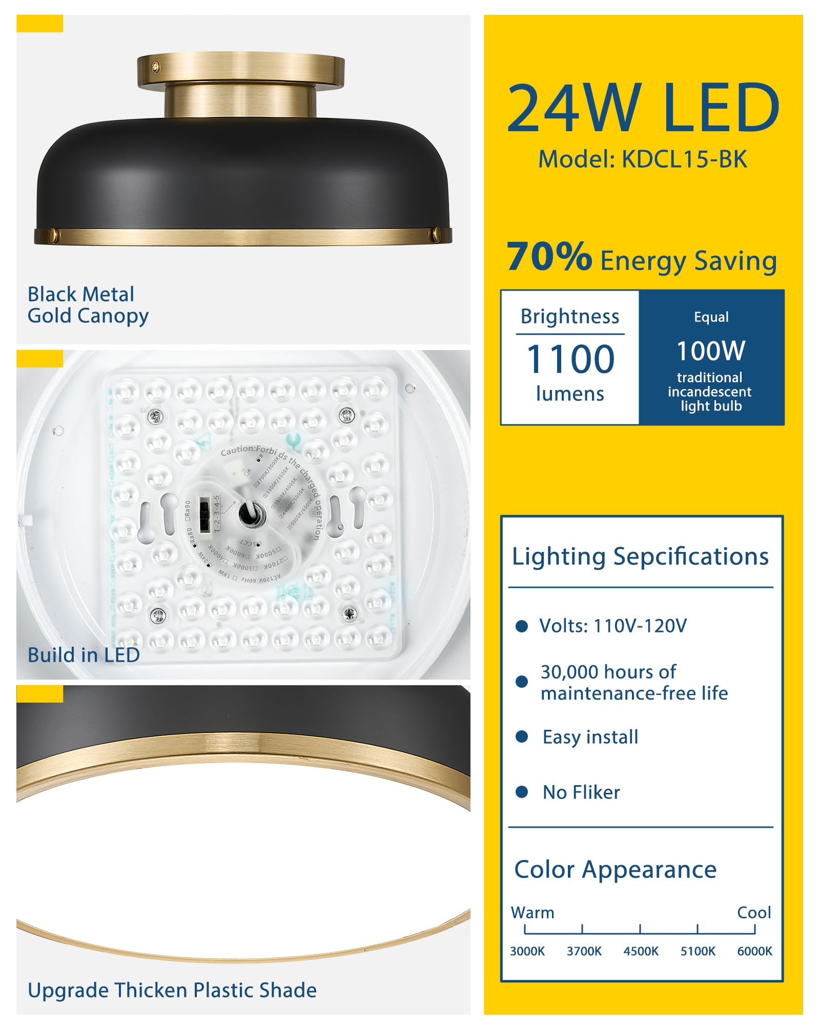 Kudos Ceiling Light, 12-Inch Led Flush Mount Ceiling Light, Black And Gold Finish, 24W/1100Lm Light Fixtures Ceiling Mount For Living Room, Bedroom, 3000K/3700K/4500K/5100K/6000K Adjustbale, Kdcl15-Bk