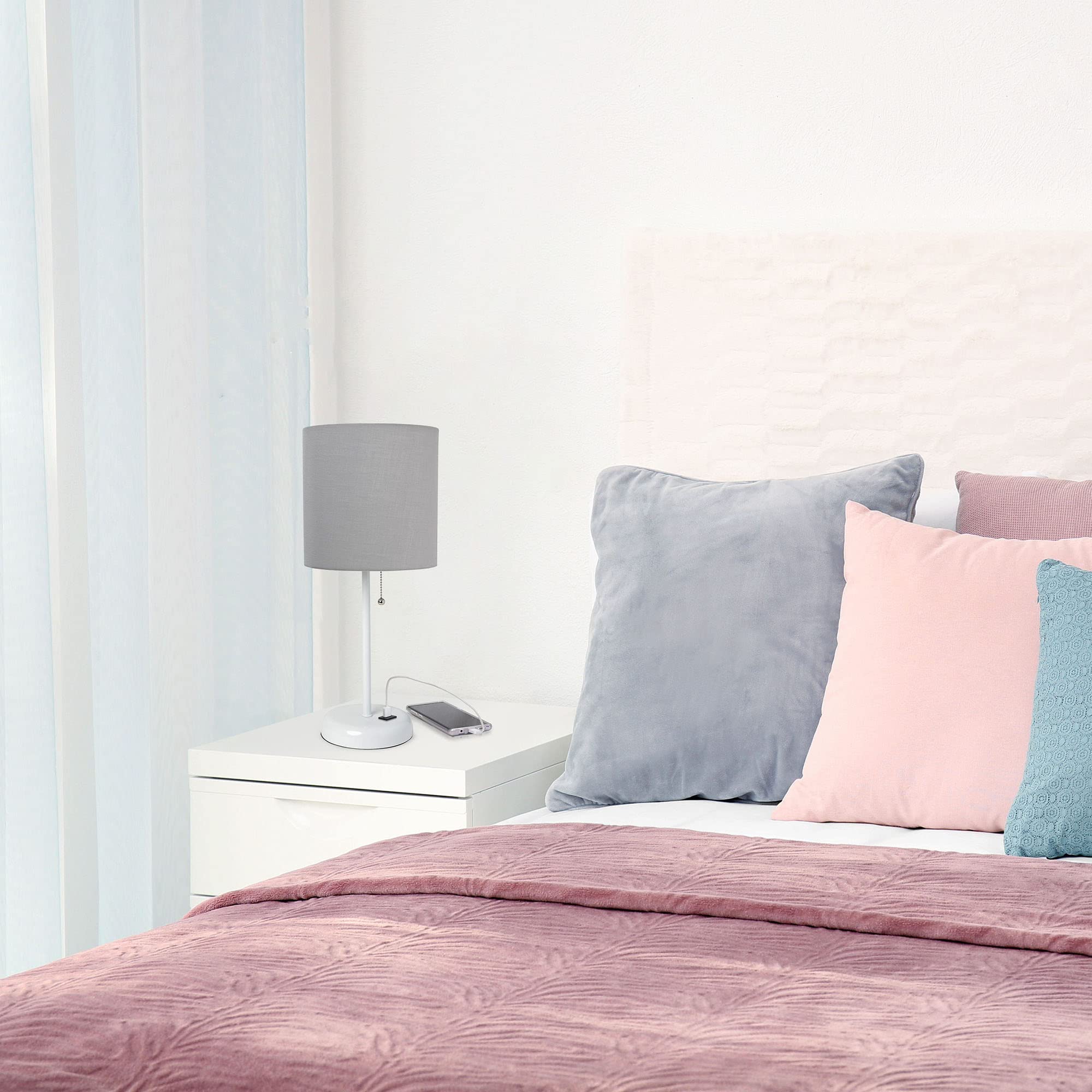 Creekwood Home 19.5&quot; Usb Table Lamp, White Metal With Gray Drum Shade, Contemporary Design