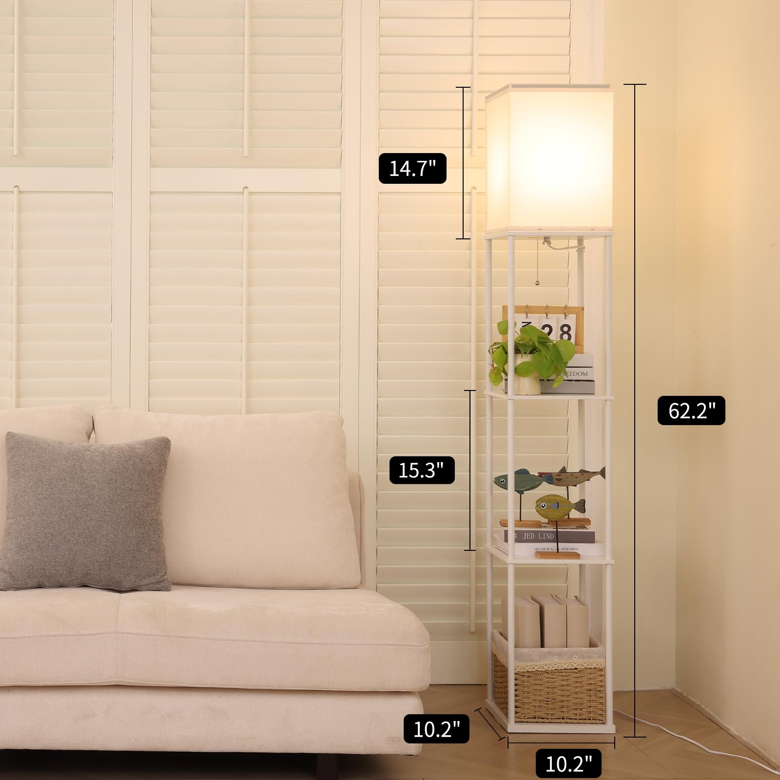 Gupuzm Floor Lamp with Shelves, Modern Wood Design, 3 Color Temperatures, Model PFL-007, White
