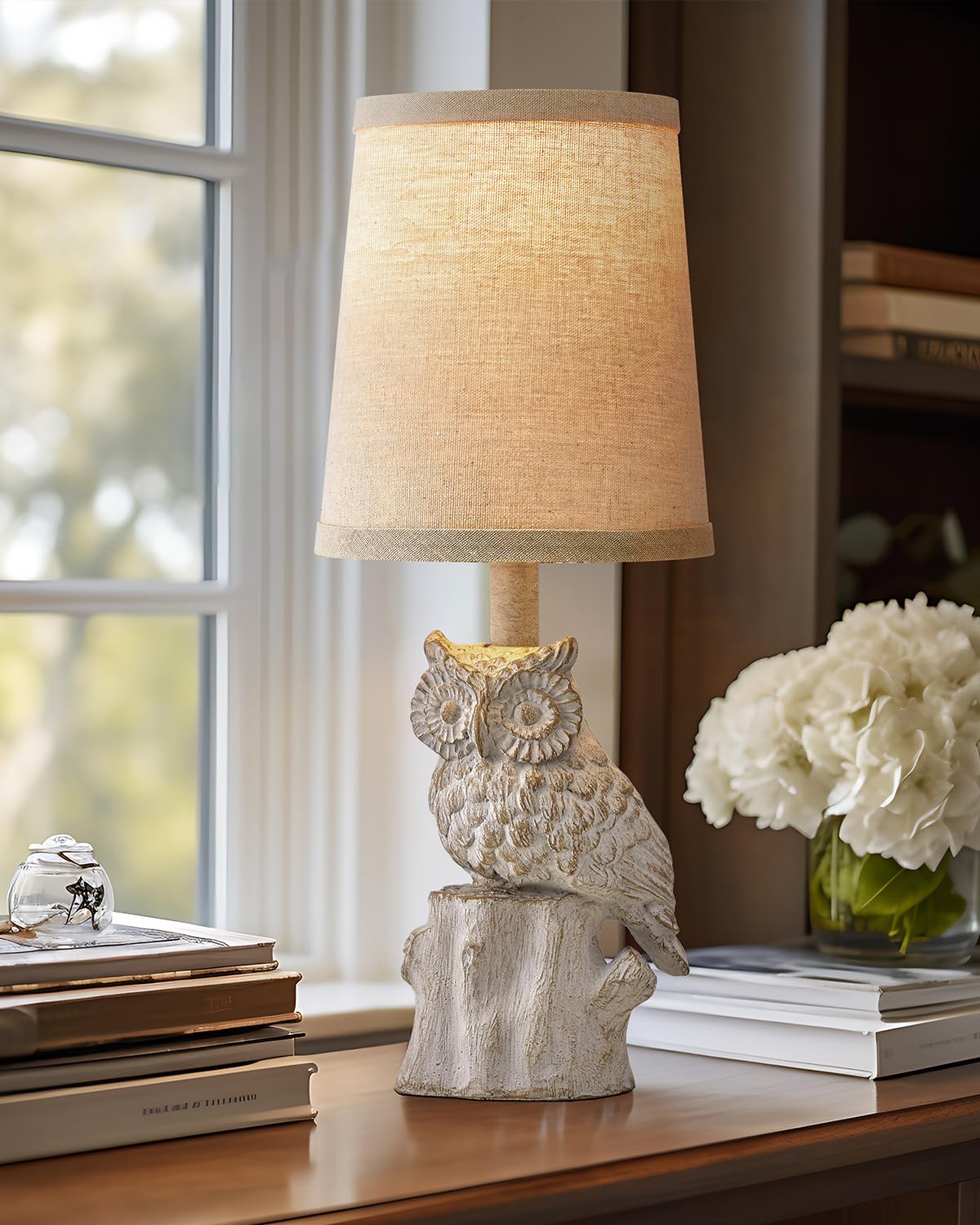 G-SAFAVA 14.25'' Small Table Lamp for Living Room Farmhouse Bedside Resin Single Lamp with White Owl Lamp Shape for Bedroom Retr
