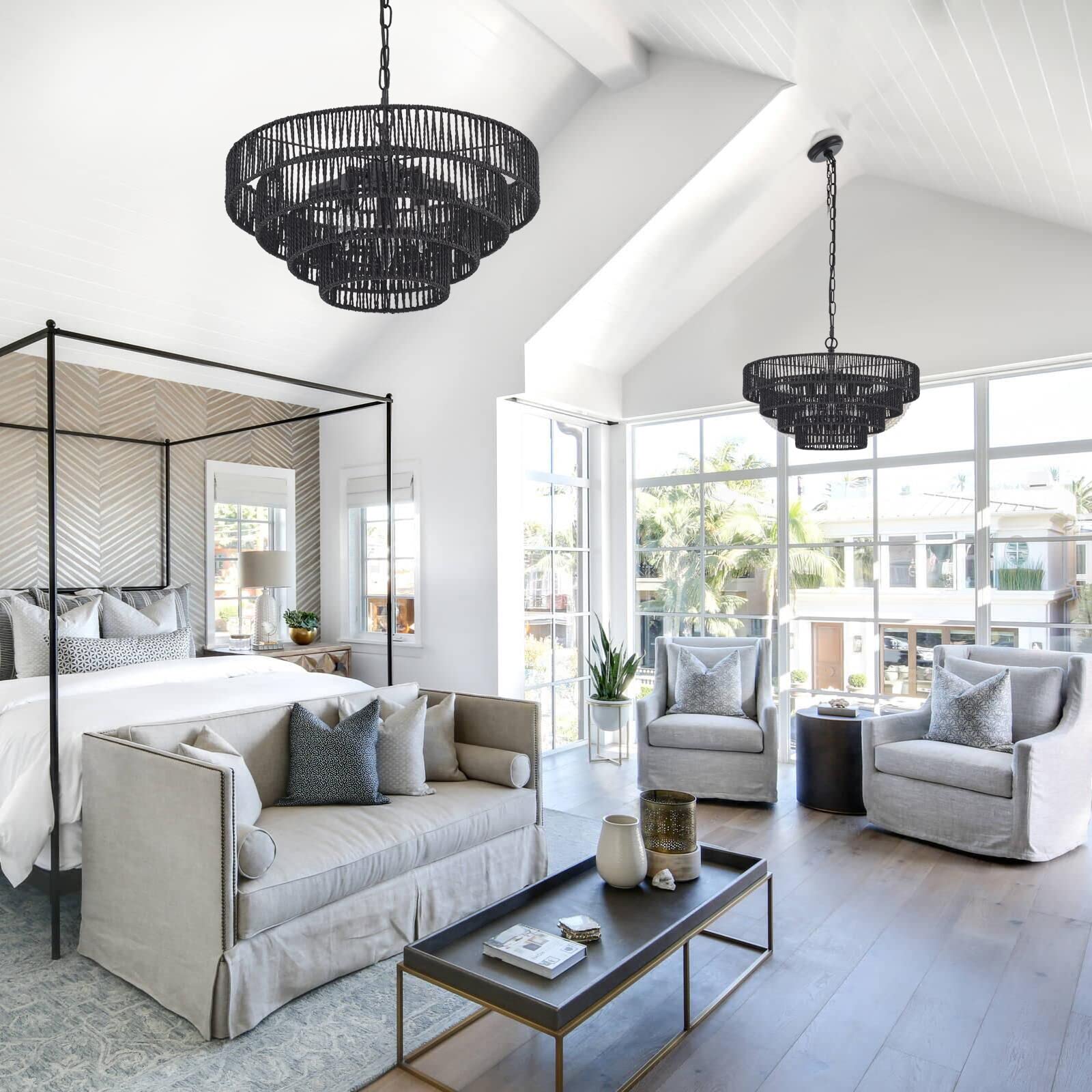 Elyccupa 20” Hand-Woven Rattan Chandelier 6-Lights Transitional Minimalist 4 Round Boho Large Pendant Light For Kitchen Island Dining Room Living Room Hallway, Matte Black, Ul Listed