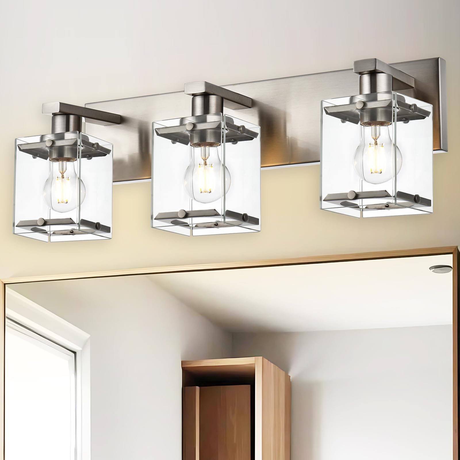 Winshen 3-Lights Bathroom Wall Light Fixtures E26 Bulb Base  Brushed Nickel Vanity Lighting Fixtures Over Mirror With Clear Glass Shades For Living Room Hallway Kitchen