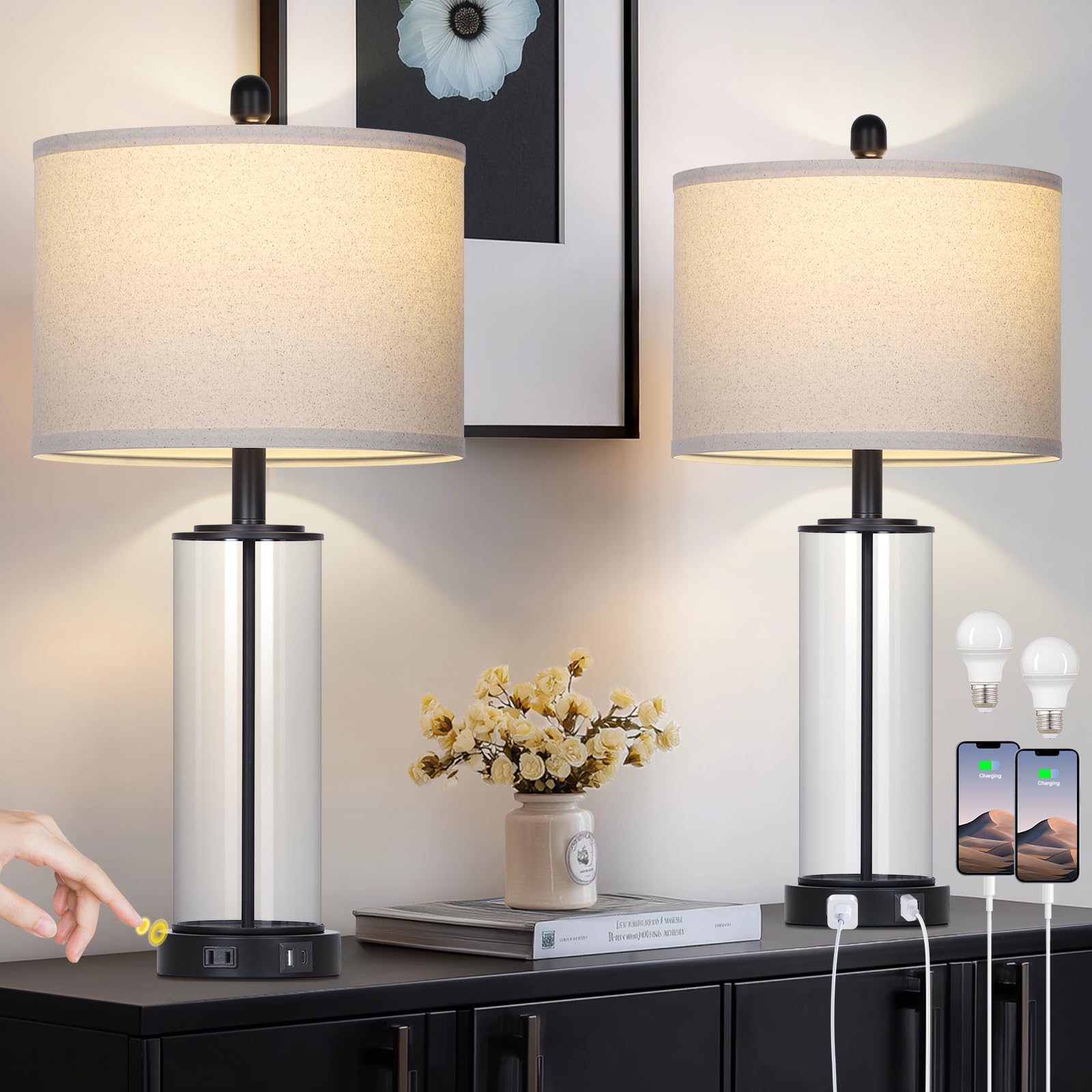 26 Black Glass Table Lamps Set of 2  3-Way Dimmable Touch Control Glass Lamps for Living Room  Modern Bedroom Lamp with USB C+A Ports & Outlet  Classic Bedside Lamp for Nightstand Side End Decoration