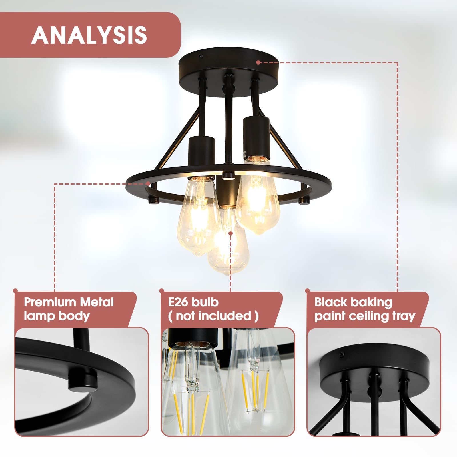 Qgiytp Semi Flush Mount Ceiling Light Fixture 3-Light Matte Black Ceiling Light E26 Edison Farmhouse Industrial Small Chandelier