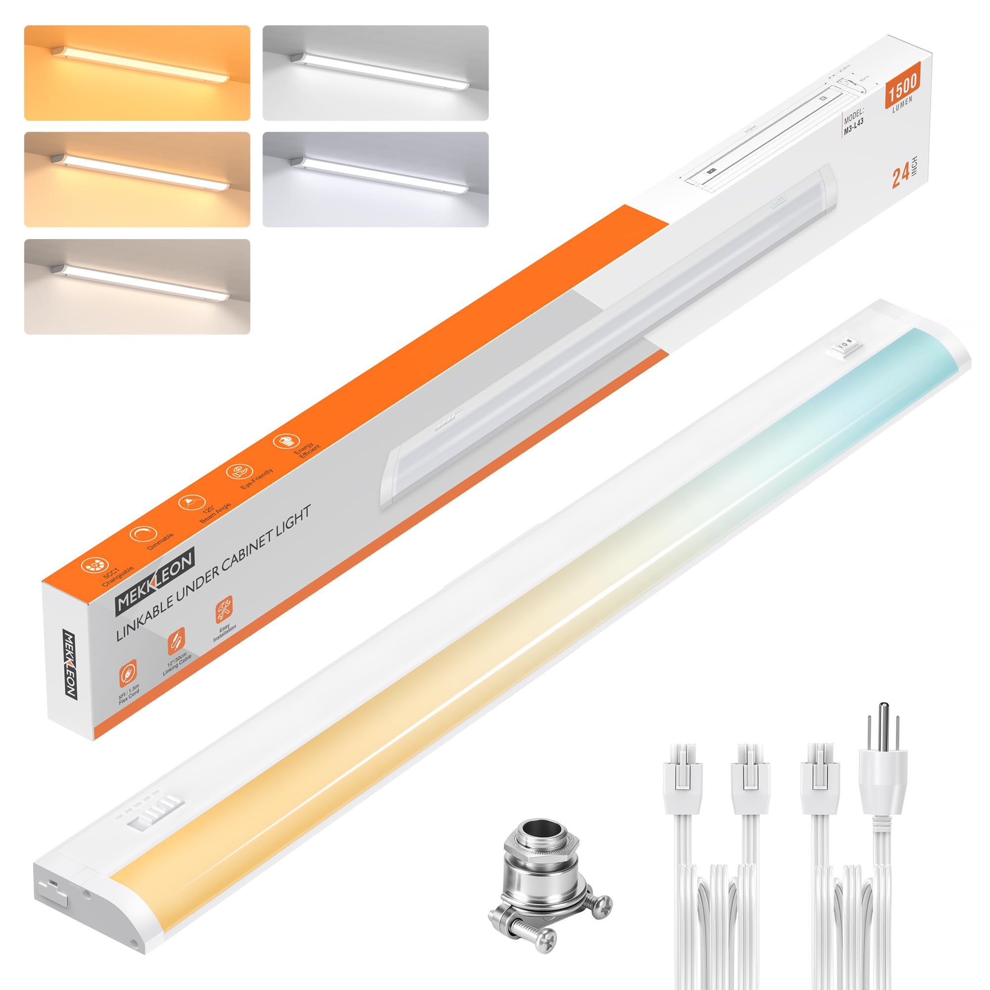 24inch Linkable Under Cabinet Lighting Hardwired Plug-in  Wired led Under Cabinet Lights with 5 CCT (2700/3000/3500/4000/5000) & Dimmable  Under Counter Lights for Kitchen  15W  1500LM  1 Pack