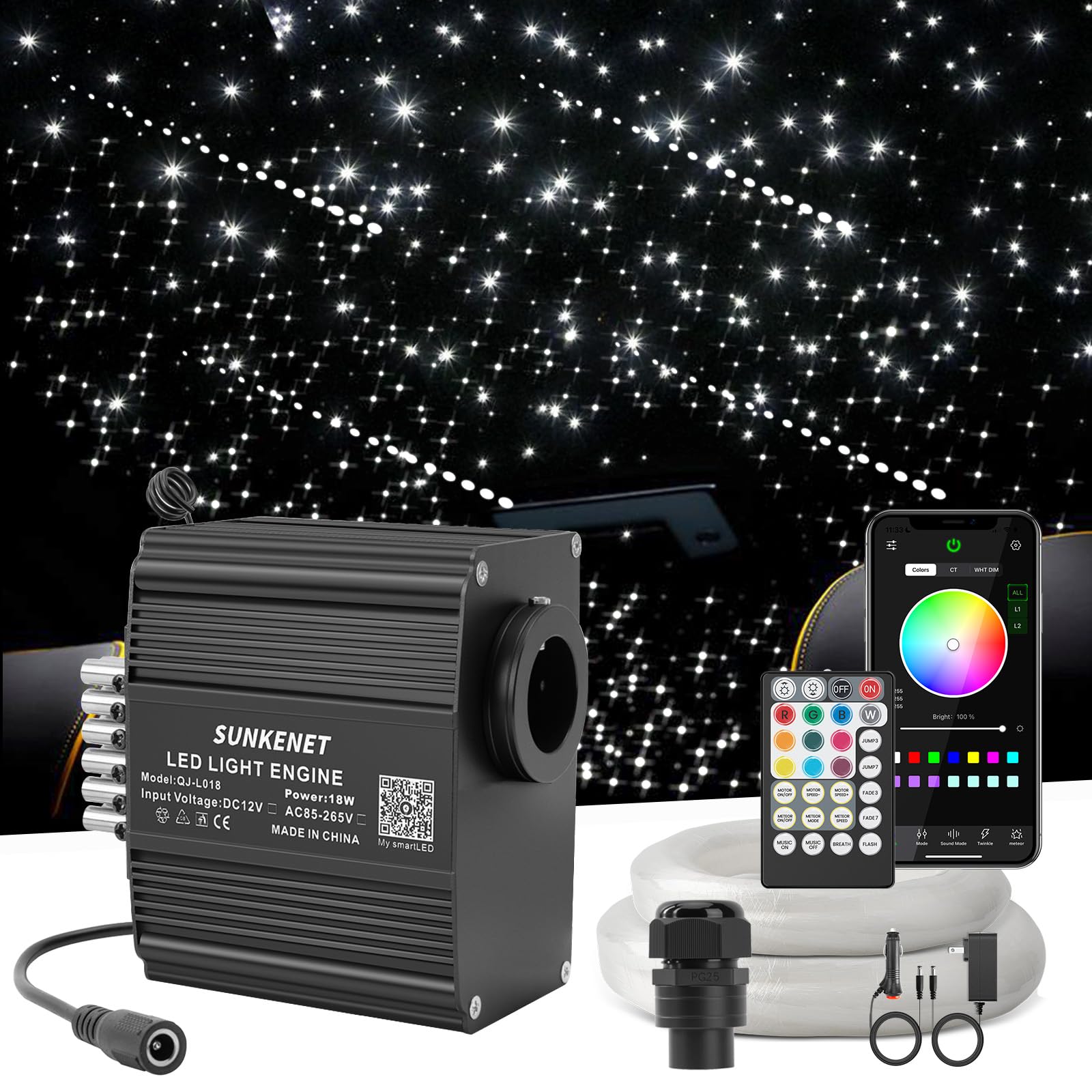 SUNKENET RGBW Starlight Headliner Kit, 12W, 450pcs Meteor Lights, 9.8ft, Bluetooth App/Remote Control, Model QJ-L012