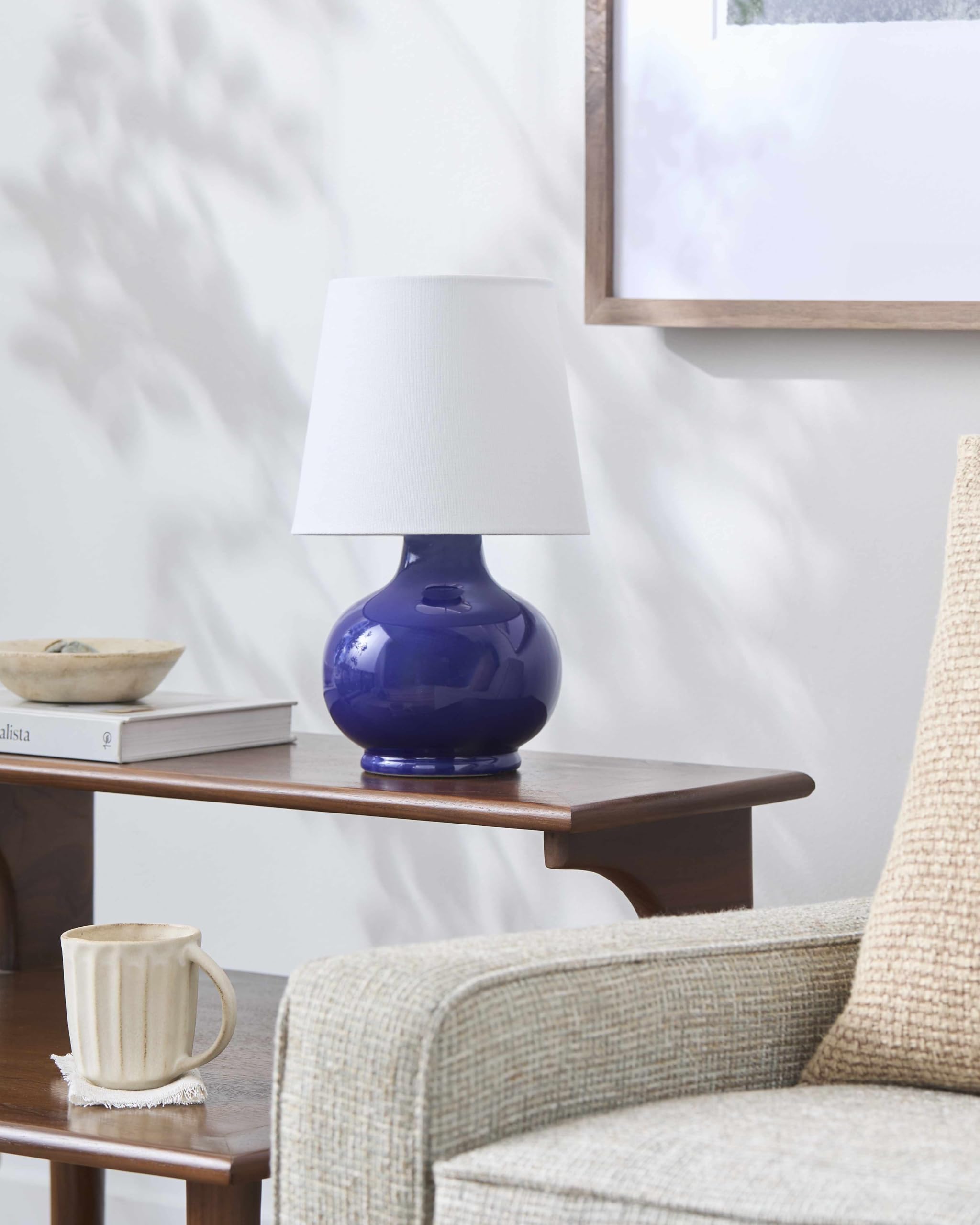 Boutiquerugs Theisseil Boho Ceramic Bedside Table Lamp For Bedroom Nightstand And Living Room - Shade Cotton - Navy, White - 13'