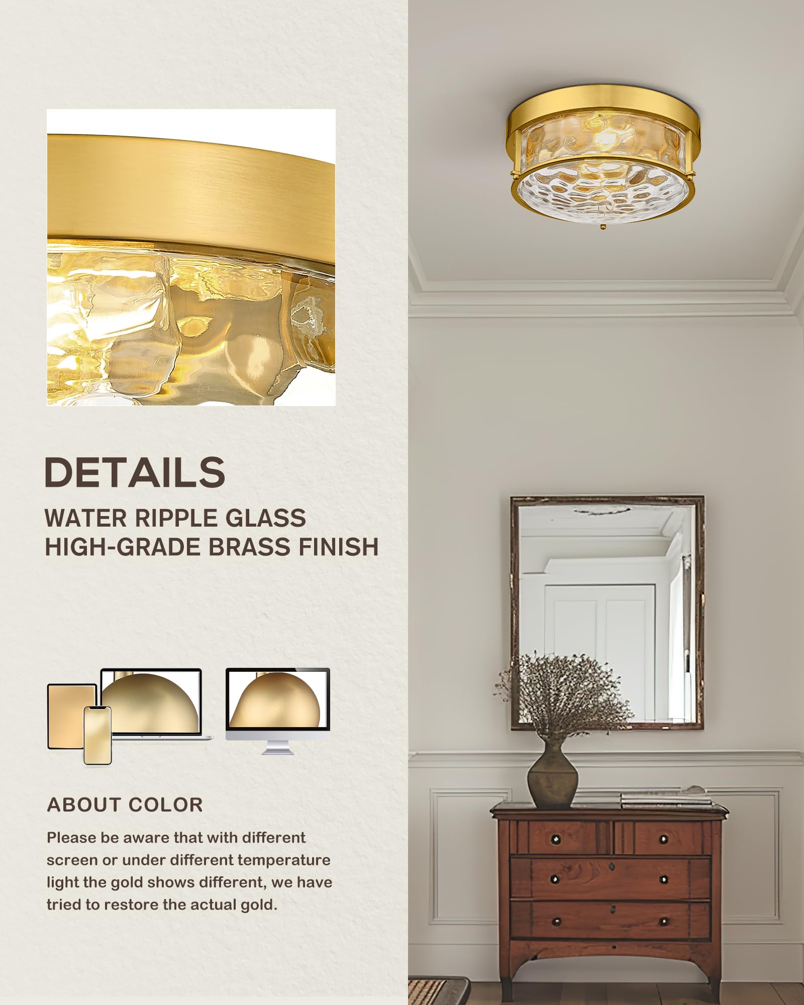 Femila 12'' Brushed Gold Flush Mount Ceiling Light, Light Fixtures Ceiling Mount With Water Ripple Glass, For Kitchen, Bedroom,