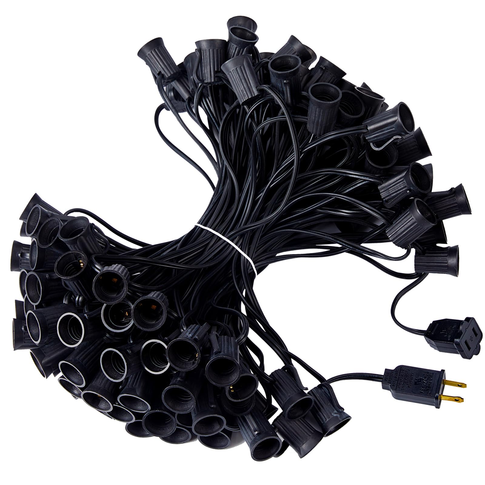 Minetom C9 Stringer Lights, 100 FT Connectable with 100 Sockets, Black Wire, 12in Spacing, Plastic, Outdoor Patio Use