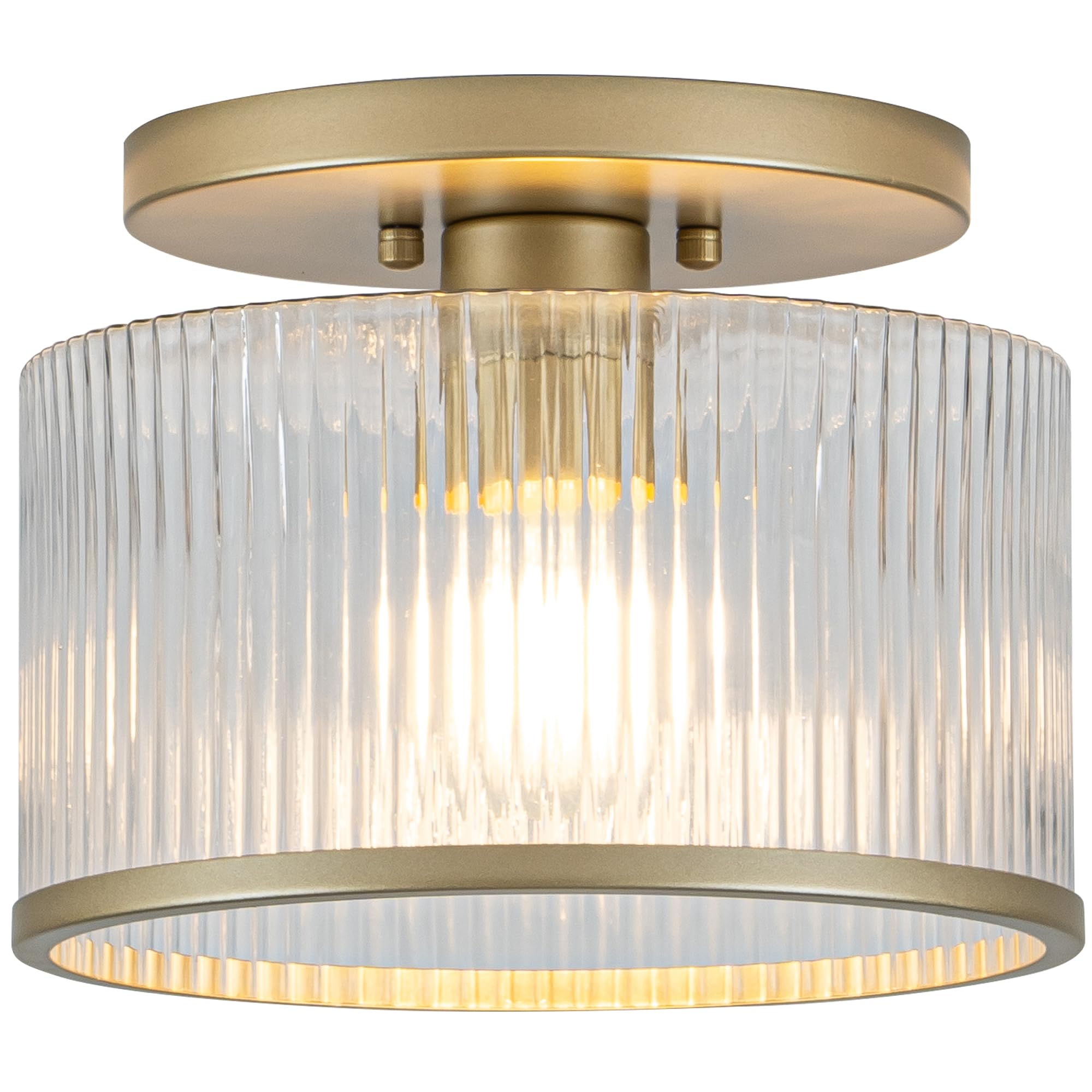 Zlepmlla Glass Ceiling Light, Clear Ribbed Glass Ceiling Light Fixture with Gold Metal Frame, Modern Semi Flush Mount Ceiling Li