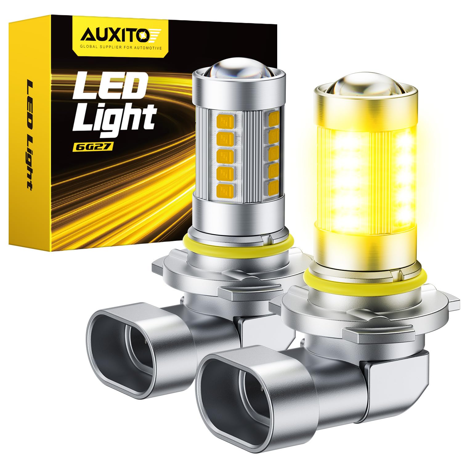 AUXITO LED Fog Light Bulbs, 3000K Amber Yellow, 9145/9140/H10, 360° Full Illumination, Pack of 2