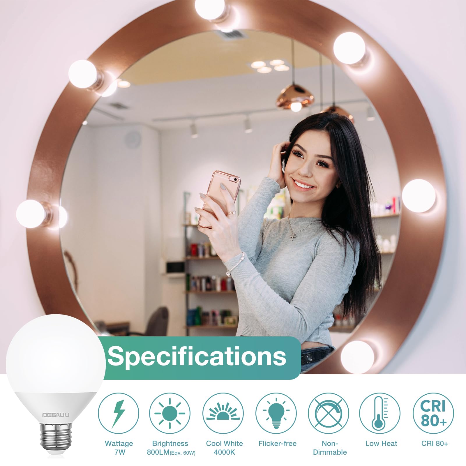 Degnju Led Vanity Light Bulbs, 60W Equivalent, Bathroom Light Bulbs 4000K Cool White, 800 Lumens, G25 Globe Bulb For Makeup Mirr