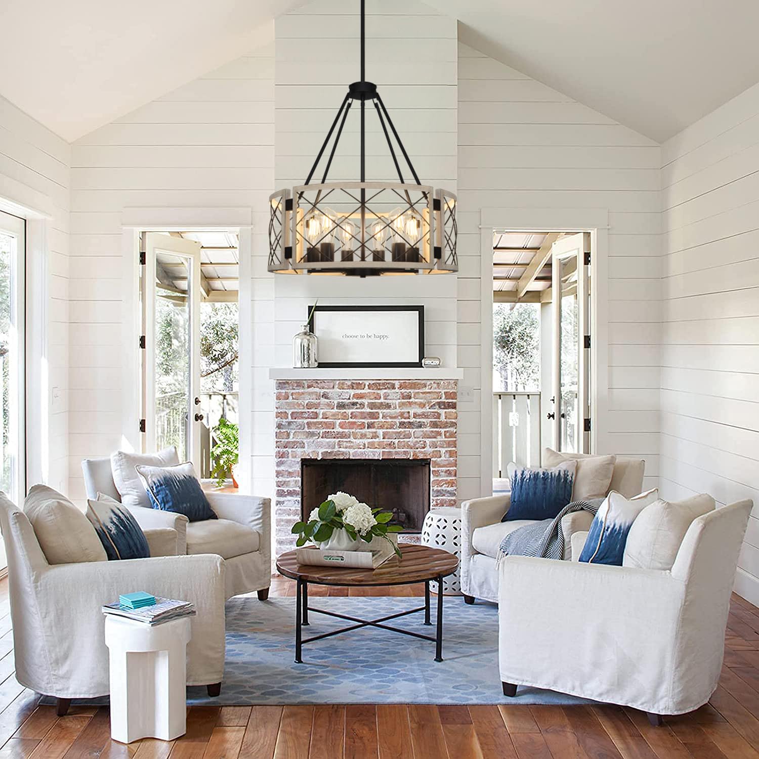 Sigaitwei 21.7'' Farmhouse Drum Chandelier,6-Light Adjustable Dining Room Light Fixture Kitchen Island Lighting, Rustic Hanging