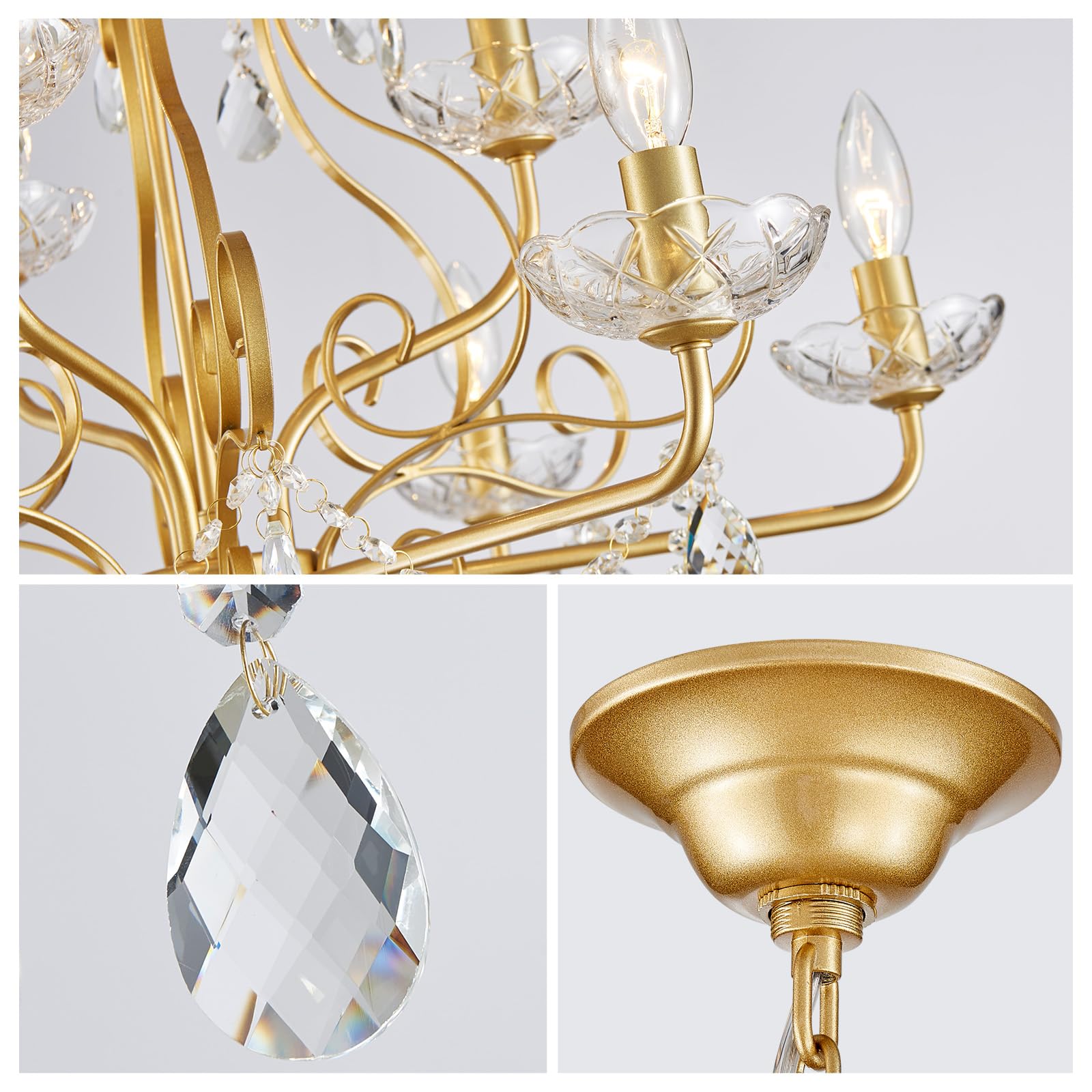 WUZUPS 9-Light Crystal Chandelier, Gold Metal Flushmount, H 18.1" x W 25.6", Modern Lighting for Bedroom, Hallway, Kitchen, Bathroom