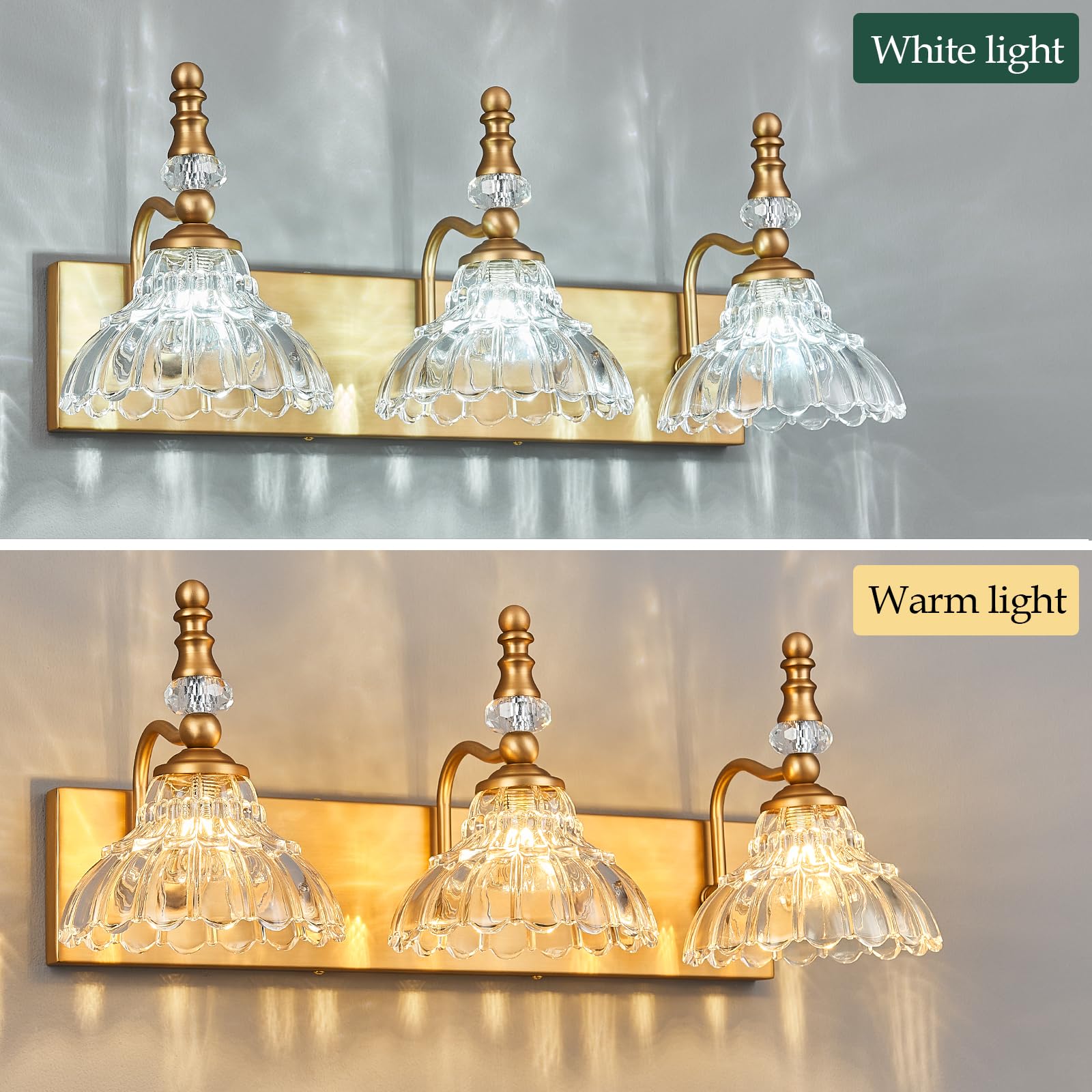 LBSQJ Vintage Bathroom Vanity Light, 3-Light Brass Fixture with Flower Glass Shade, Model 4150