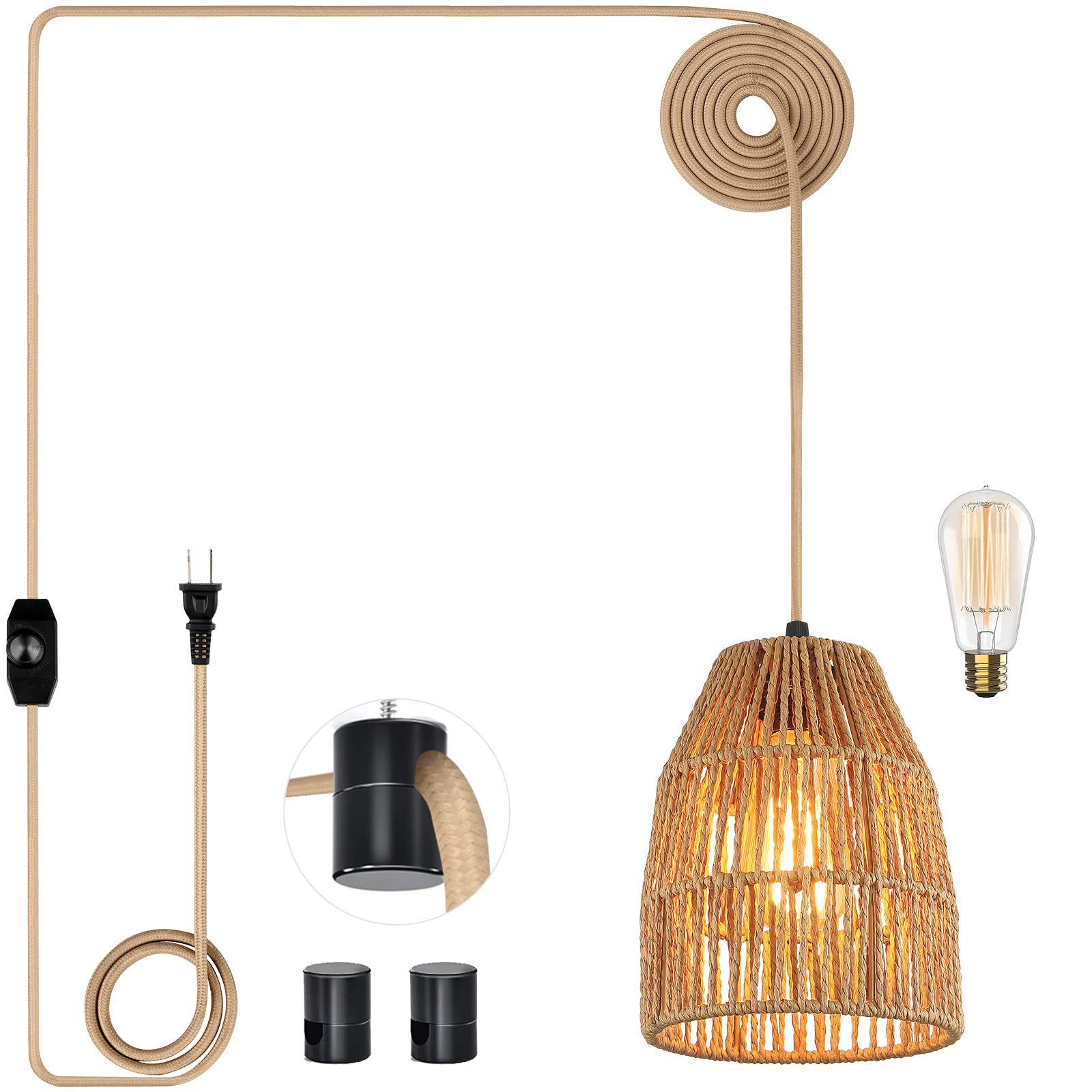 Cinkeda Plug In Pendant Light With Dimming Switch, Boho Hemp Shade & 15Ft Golden Cord