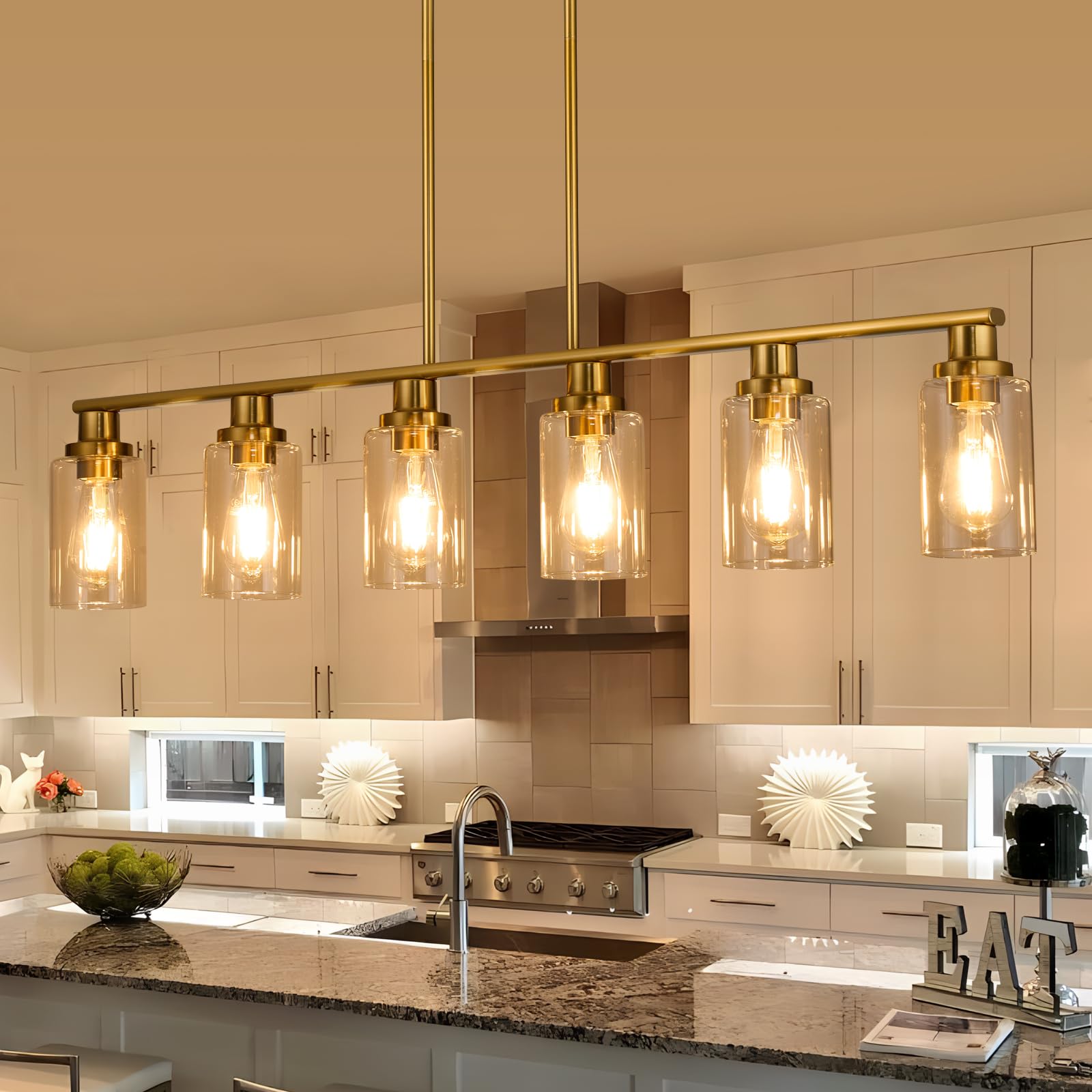 Kpiok Kitchen Island Lighting, 6-Light Modern Dining Room Light Fixture Over Table,44.3'' Vintage Farmhouse Gold Linear Chandelier, Industrial Pendant Lights For Kitchen Island With Clear Glass Shade