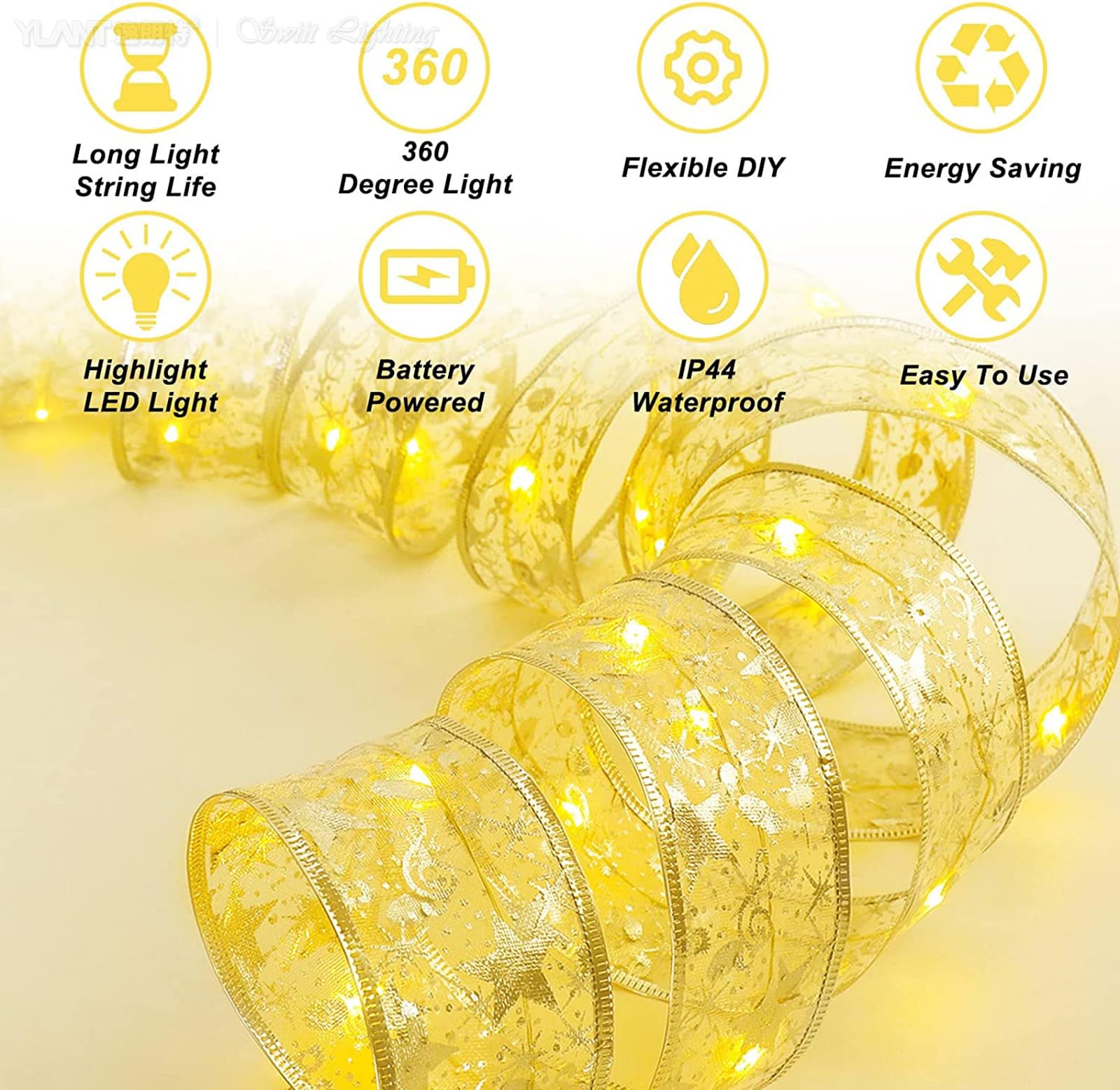 Zjhgdr Christmas Ribbon Fairy Lights  Copper Wire White String Lights Glitter Gold Ribbon Lights 2.5Inch X16.4Ft 50 Leds Battery Operated Fairy String Lights For Xmas Tree Indoor Decorations