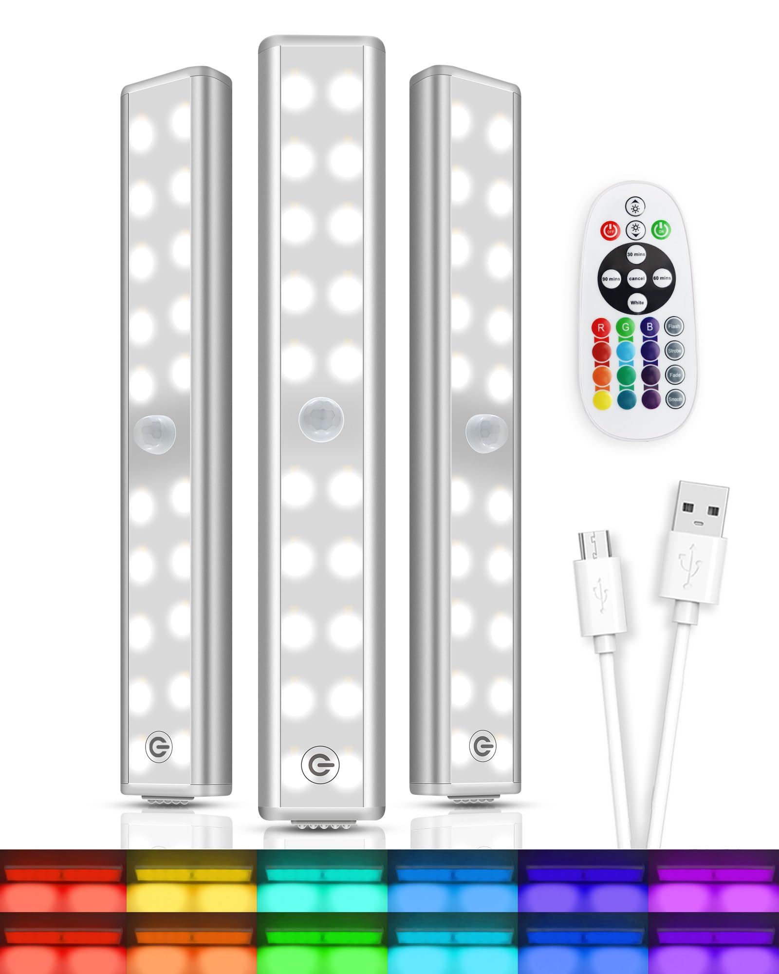 long-stars Under Cabinet Lights, Wireless Rechargeable LED RGB Under Counter Lights Bar 3 Packs 48 LED 15 Color Temps Dimmable with Remote Shelf Kitchen Closet Bedroom Lights