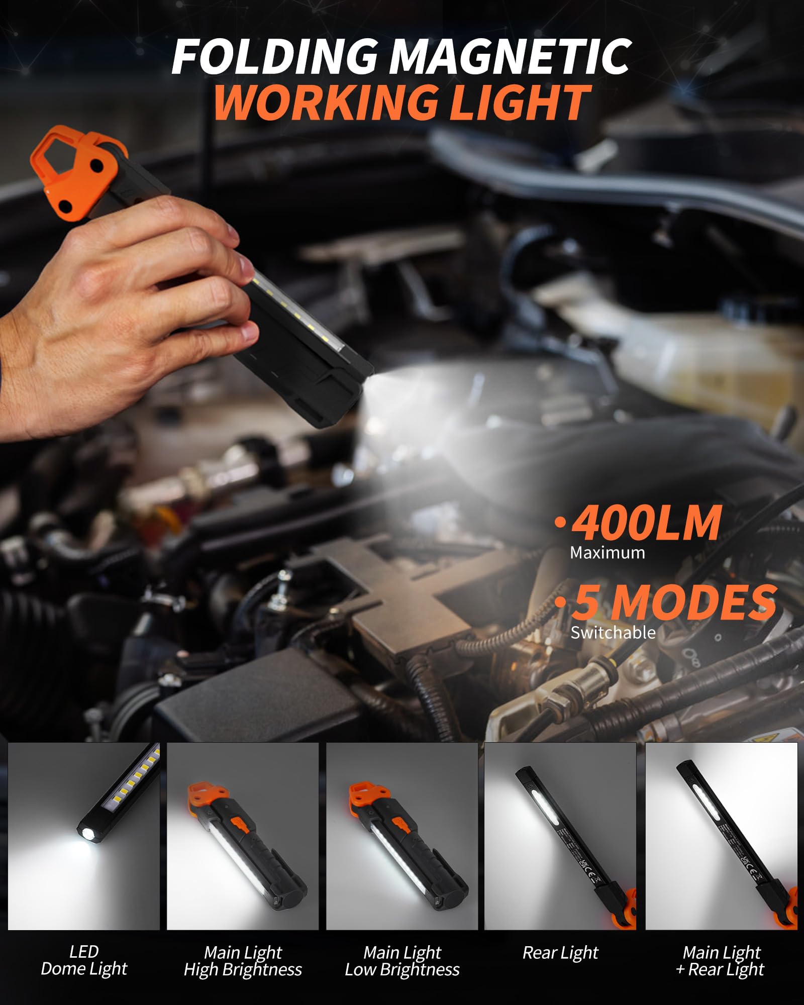 Anylight Led Work Light,400Lm Foldable Mechanic Light, Rechargeable Flashlight With 5 Modes, 230° Rotate And Hook Magnetic Light For Car Repair, Camping, Grill(1 Pack Upgrade)