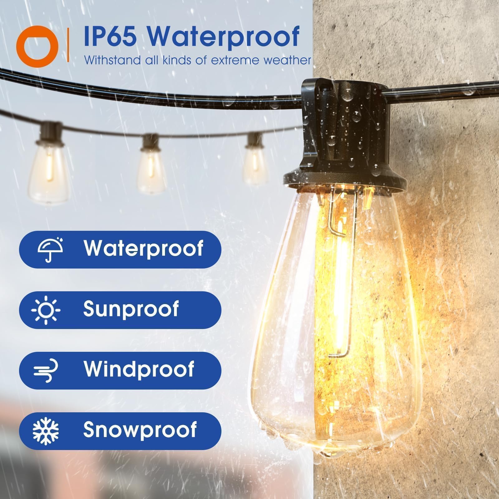 Addlon 50Ft Led Outdoor String Lights Waterproof Patio Lights With 16 Shatterproof St38 Replaceable Bulbs(1 Spare), Dimmable Out