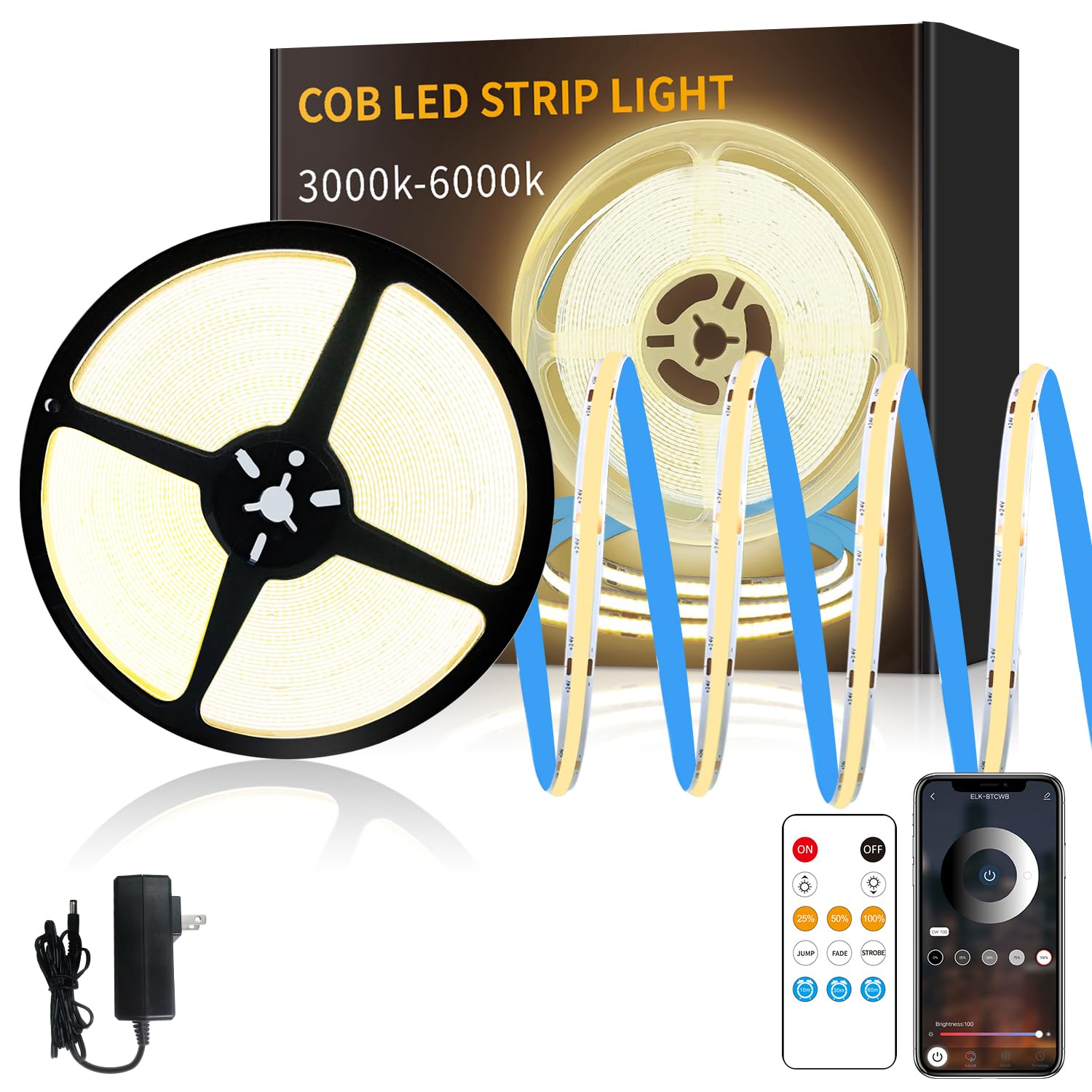 Yeewhale 50 Ft Cob Led Strip Lights 3000K Warm White Dimmable Dc 24V Flexible Led Tape Light For Bedroom, With Remote And App Control Led Light Strip,For Diy Home Decoration