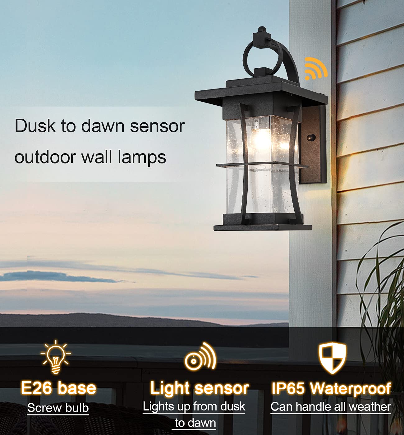 EERU Dusk to Dawn Outdoor Wall Lantern, Waterproof Metal Fixture, Large, Black with Seeded Glass