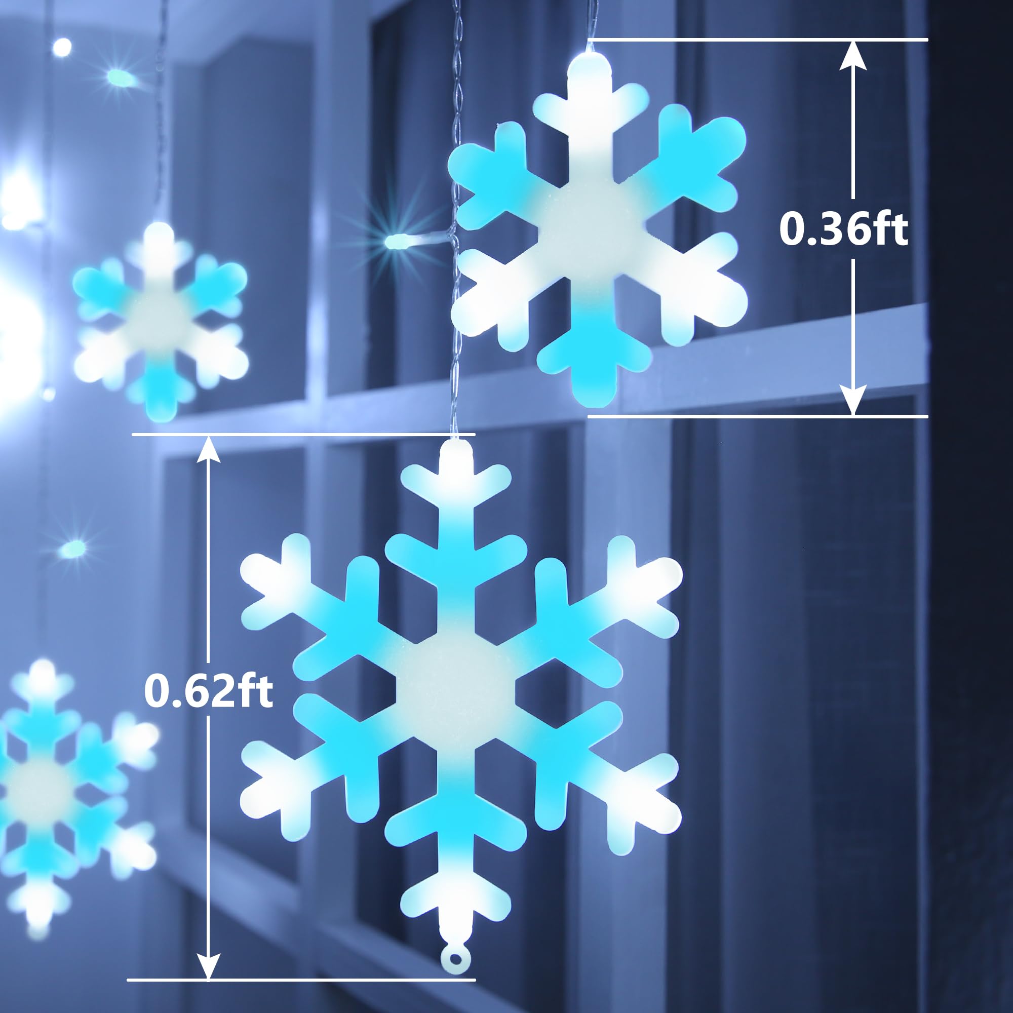 Toodour 17.22ft LED Snowflake Lights - 264 Waterproof Icicle Lights in White & Ice Blue, 8 Modes, Model LED08240264