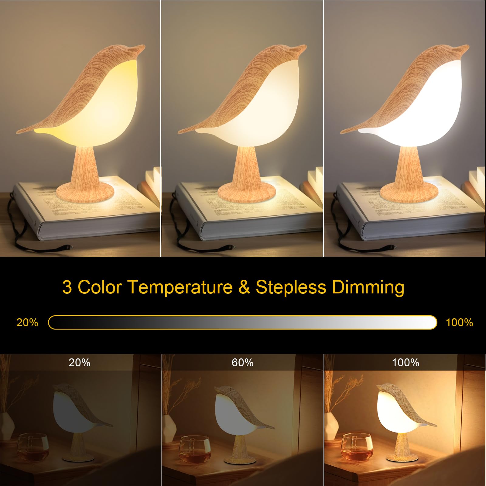 Vquand Small Bird Table Lamp - 2600 Mah Cordless Touch Night Light, 3 Color Rechargeable Bedside Lamp