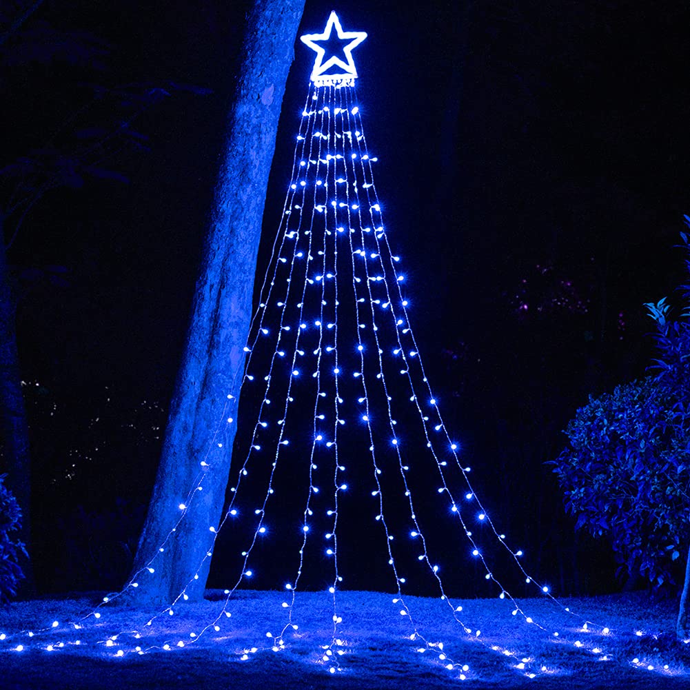 DINGFU Christmas Tree Lights, 11.5 ft, 317 LED, 8 Lighting Modes, Timer, Outdoor Decorations, Blue, Model YLC317BD01