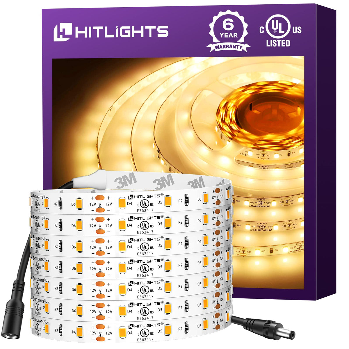 Hitlights Led Strip Lights Warm White 3000K, 16.4Ft Premium Tape Light For Bedroom, 300 Leds/Reel, 150Lm/Ft, 22W, Ul-Listed, 12V