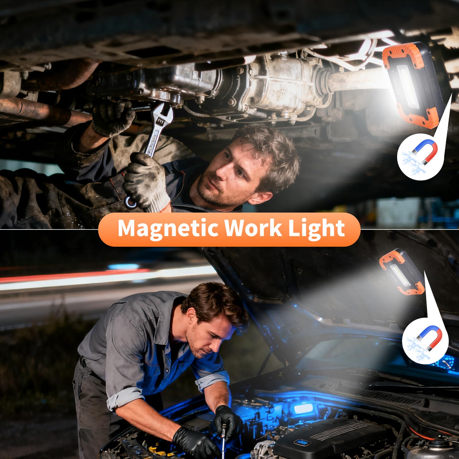 KunHe 500 Lumen Battery Powered Magnetic Work Light, IPX4 Waterproof, 180° Rotating Bracket, 4 Pack, Black and Orange, Model W8-4