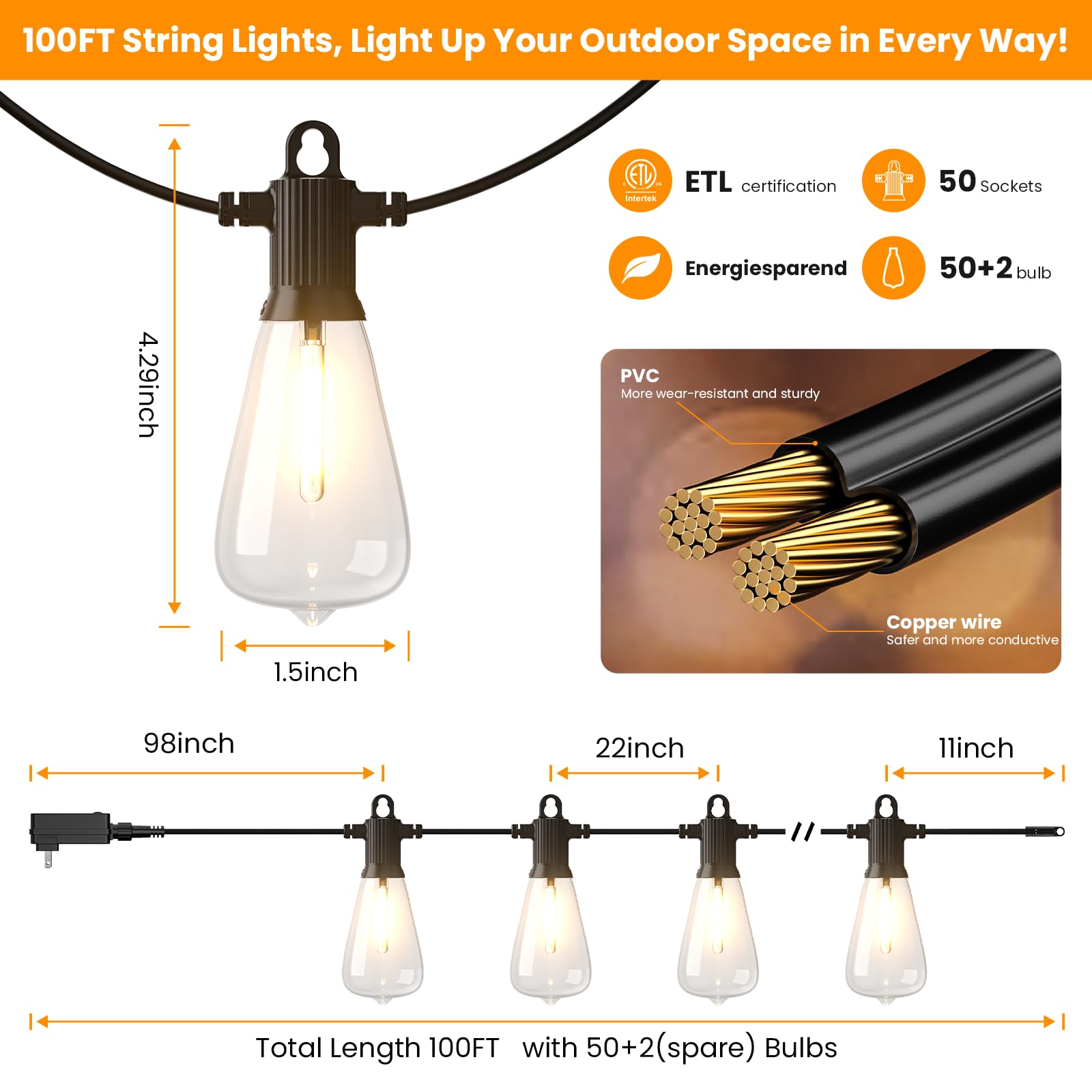 Kawaya Outdoor String Lights - 100FT Tunable White IP64 Waterproof Hanging Lights, Black, Model YAST38-100FT-50US